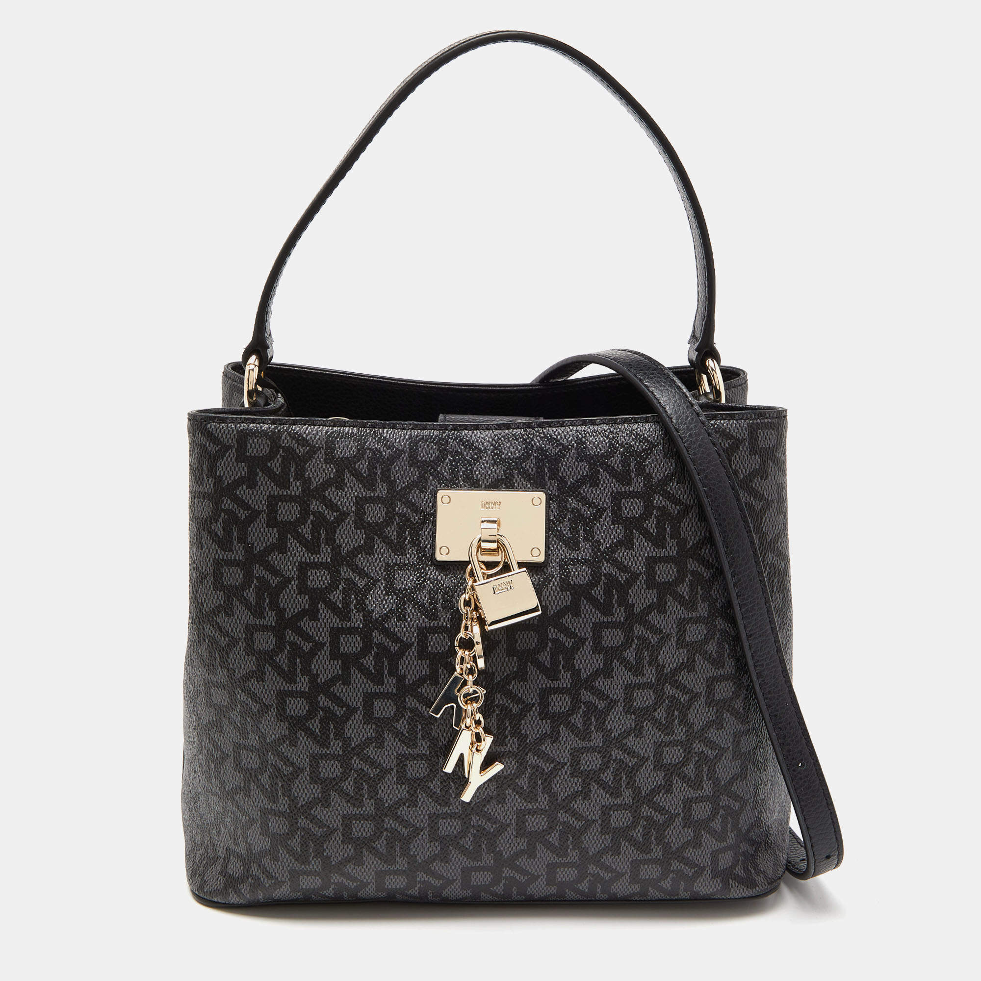 Pre Owned Dkny Black Signature Coated Canvas Padlock Tote