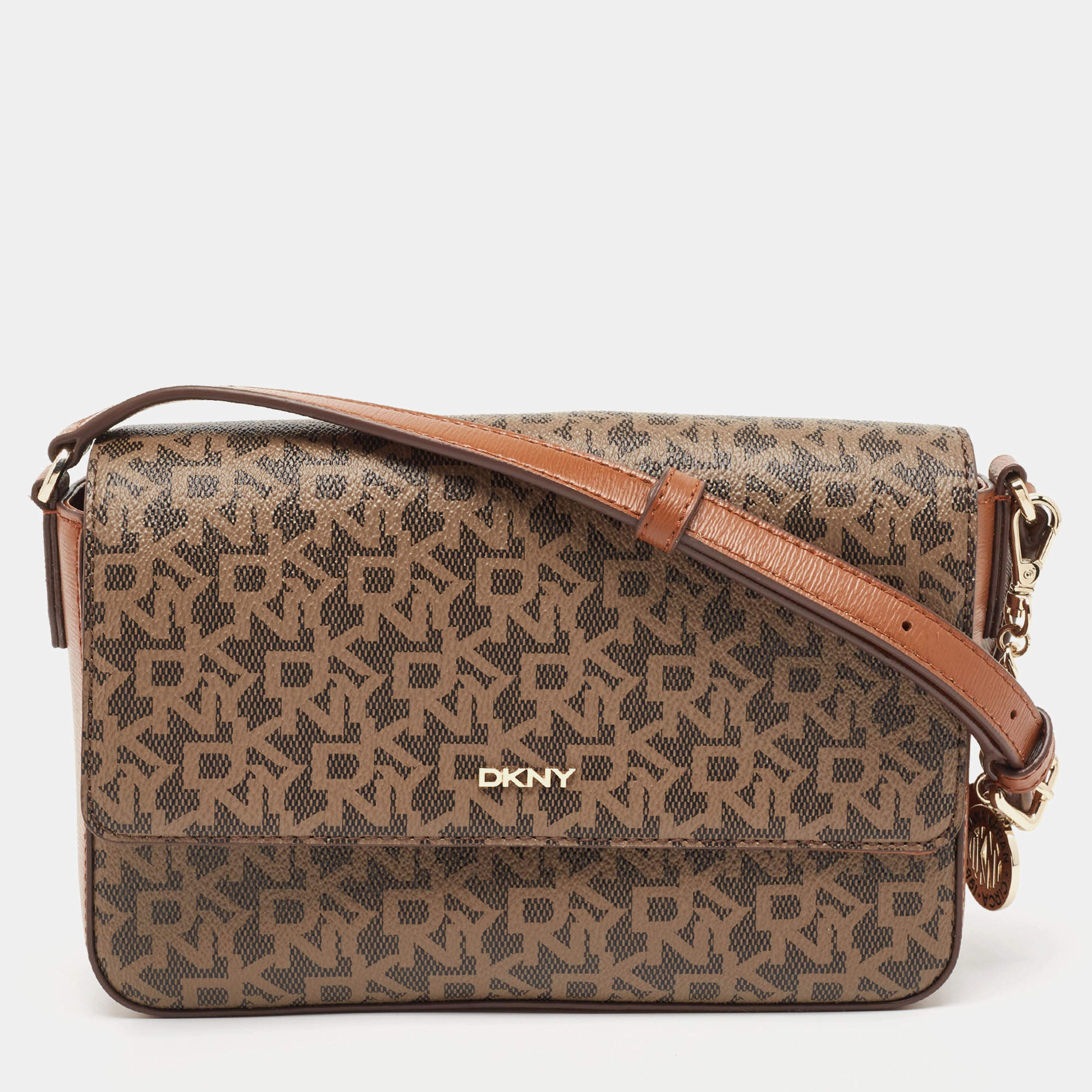 Pre Owned DKNY Two Tone Brown Signature Coated Canvas Bryant Park Flap Crossbody Bag