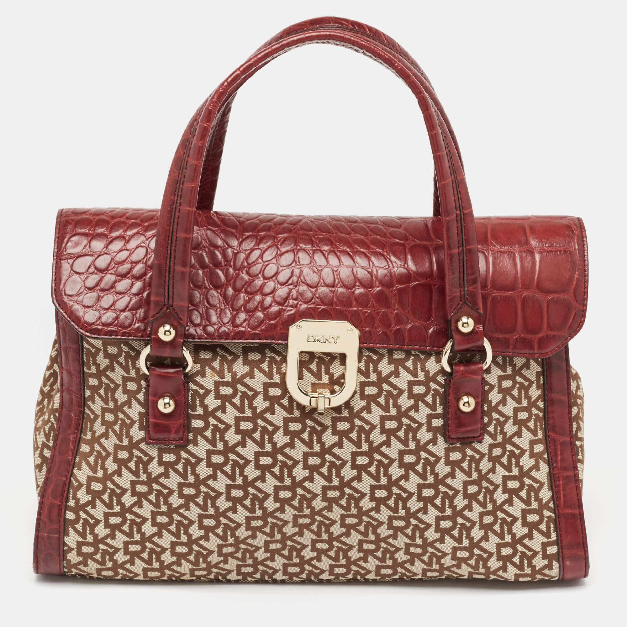 Pre Owned DKNY Burgundy/Beige Monogram Canvas and Croc Embossed Leather Turnlock Flap Tote