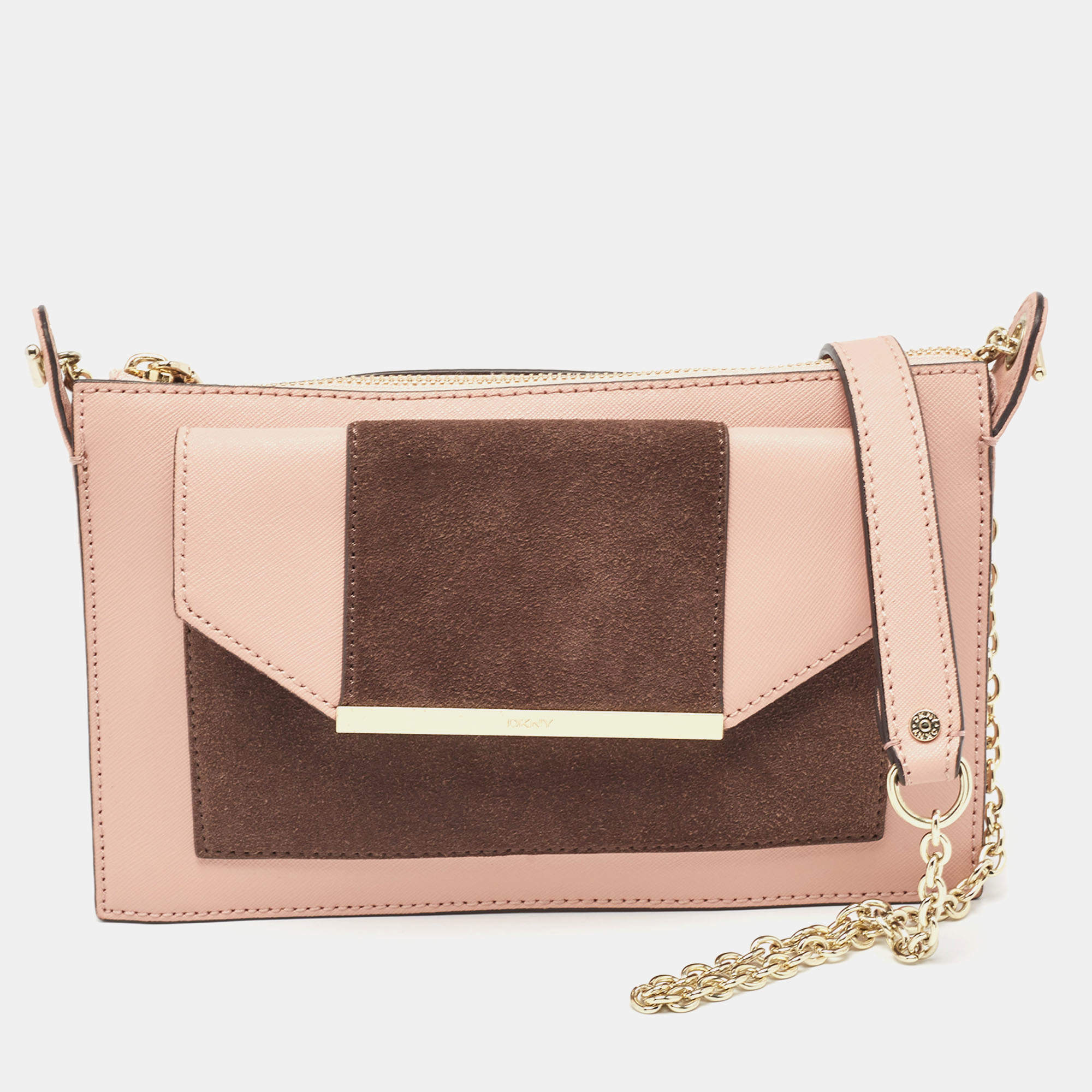 مملوكة مسبقًا DKNY Pink/Brown Leather and Suede Bryant Park Saffia Chain Bag