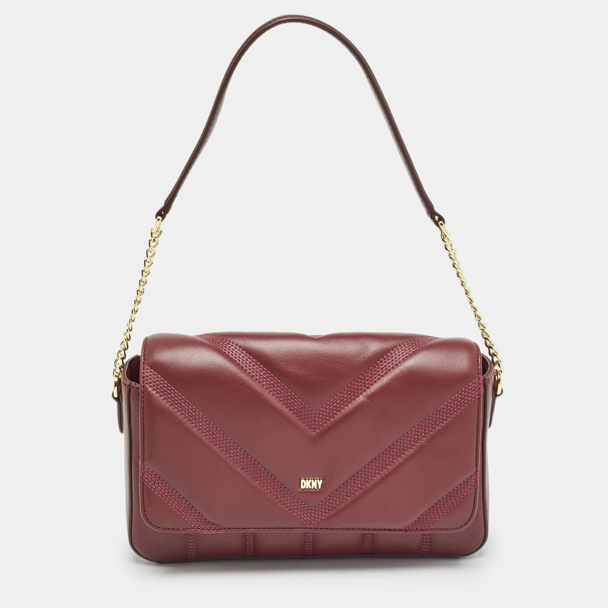 Pre Owned DKNY Burgundy Quilted Leather Becca Flap Shoulder Bag