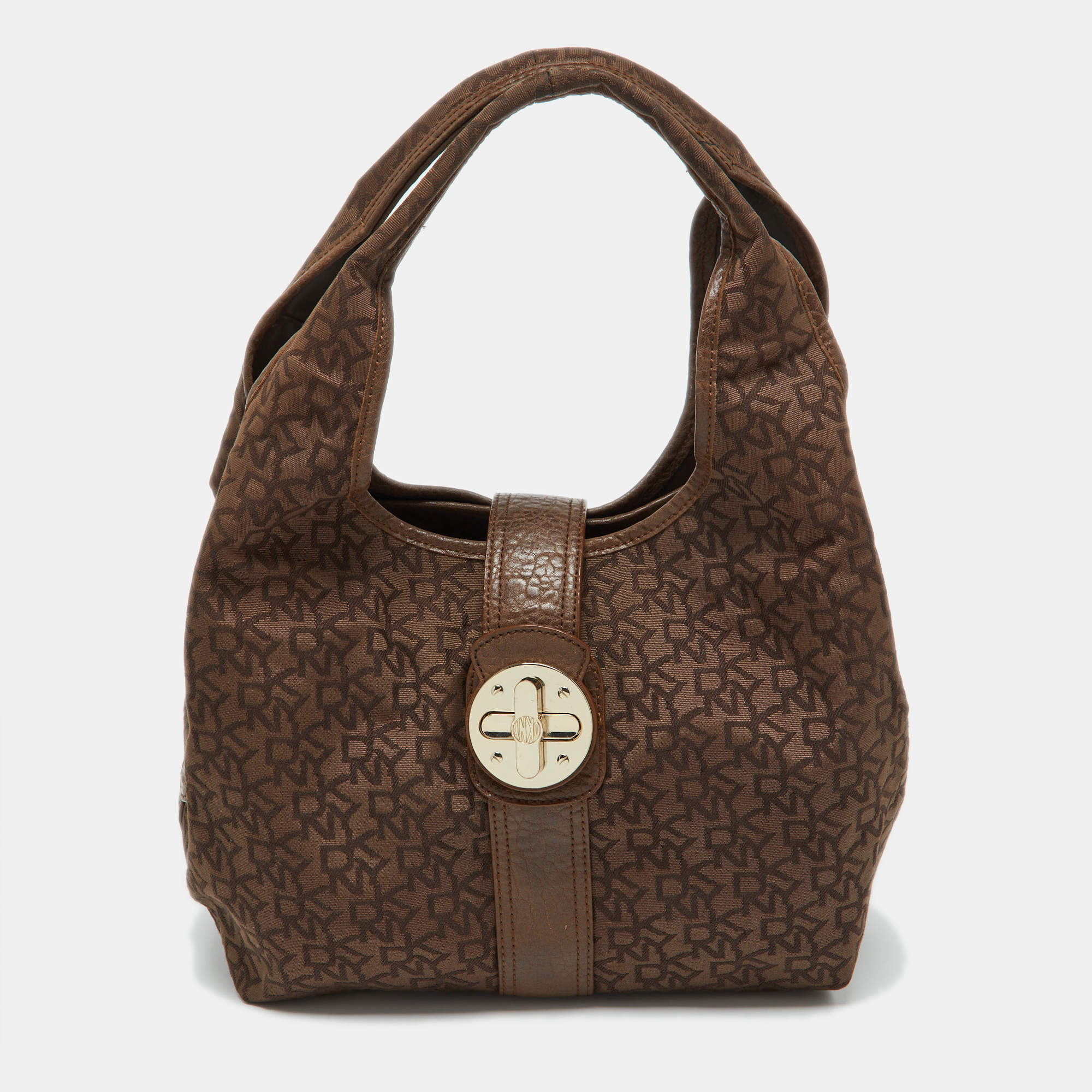 Dkny Brown Signature Canvas and Croc Embossed Leather Push Lock Hobo 