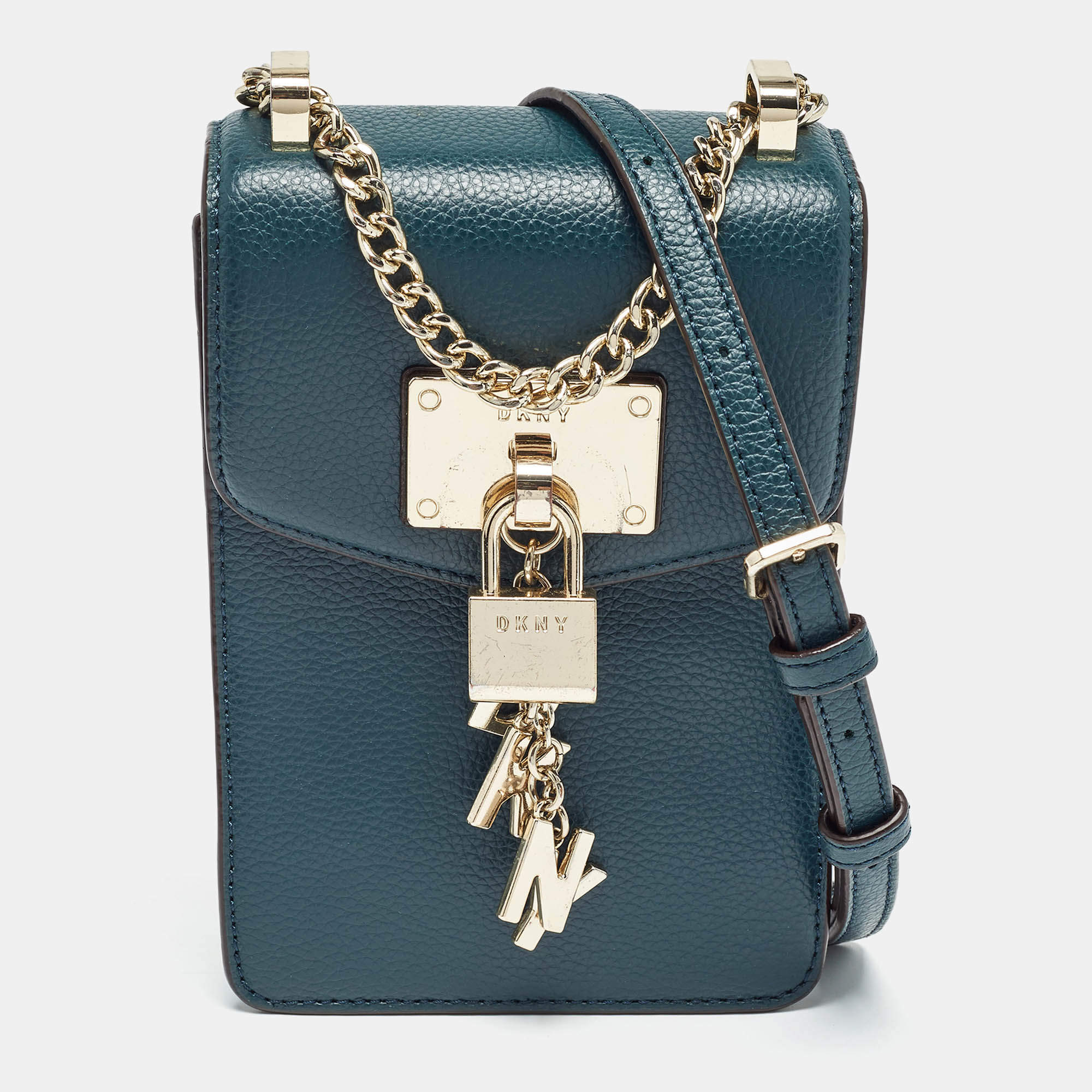 Pre Owned Dkny Teal Green Leather Elissa North South Crossbody Bag
