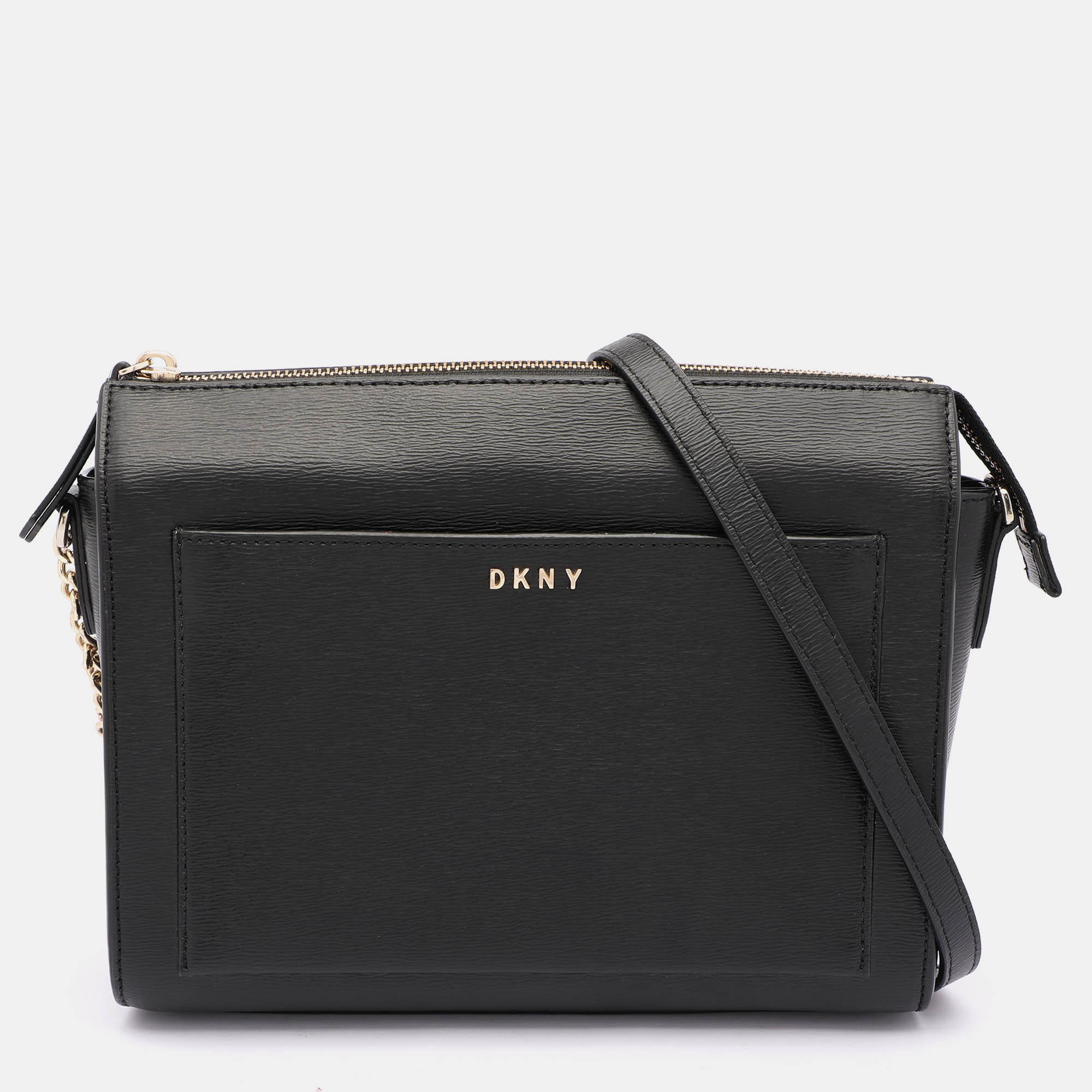 Pre Owned DKNY Black Leather Top Zip Crossbody Bag