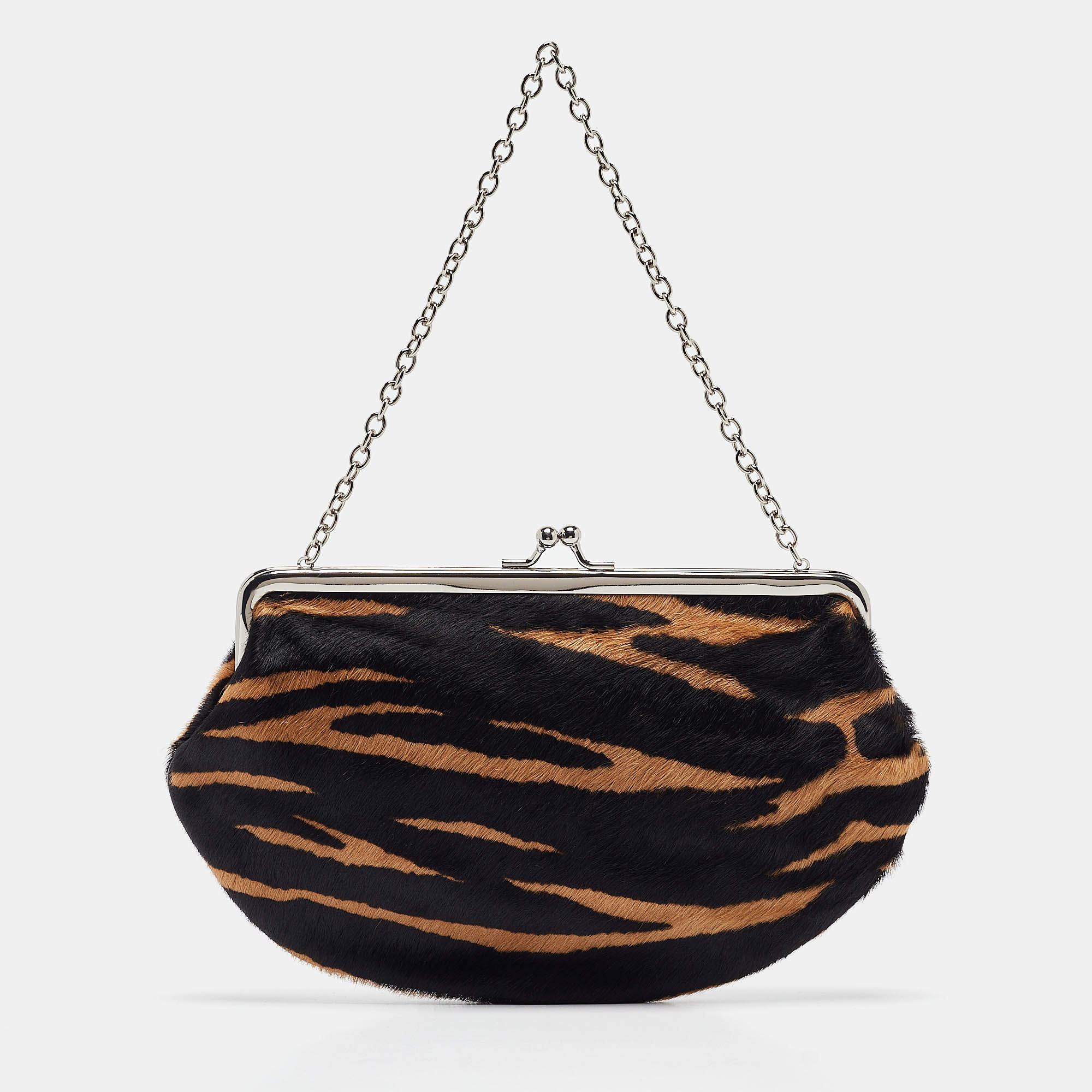 DKNY Black/Brown Zebra Print Calf Hair Chain Multi Pouch 