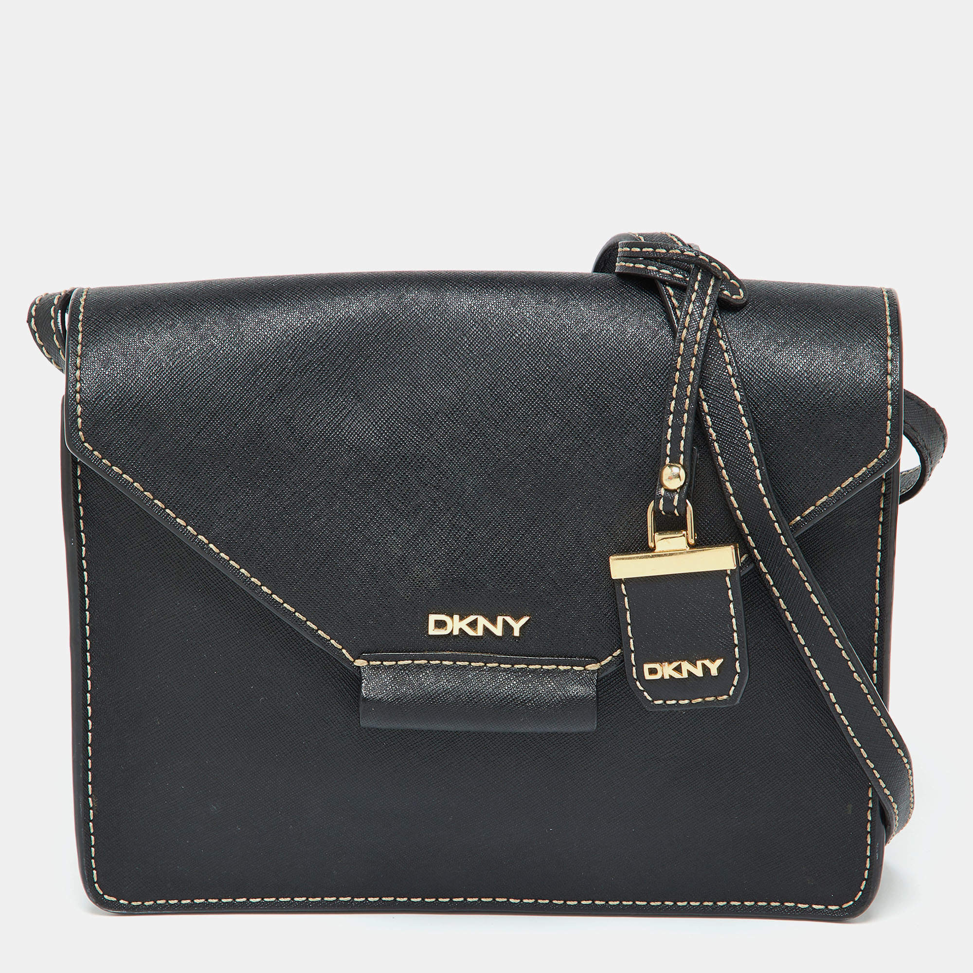 DKNY Black Leather Envelope Flap Shoulder Bag