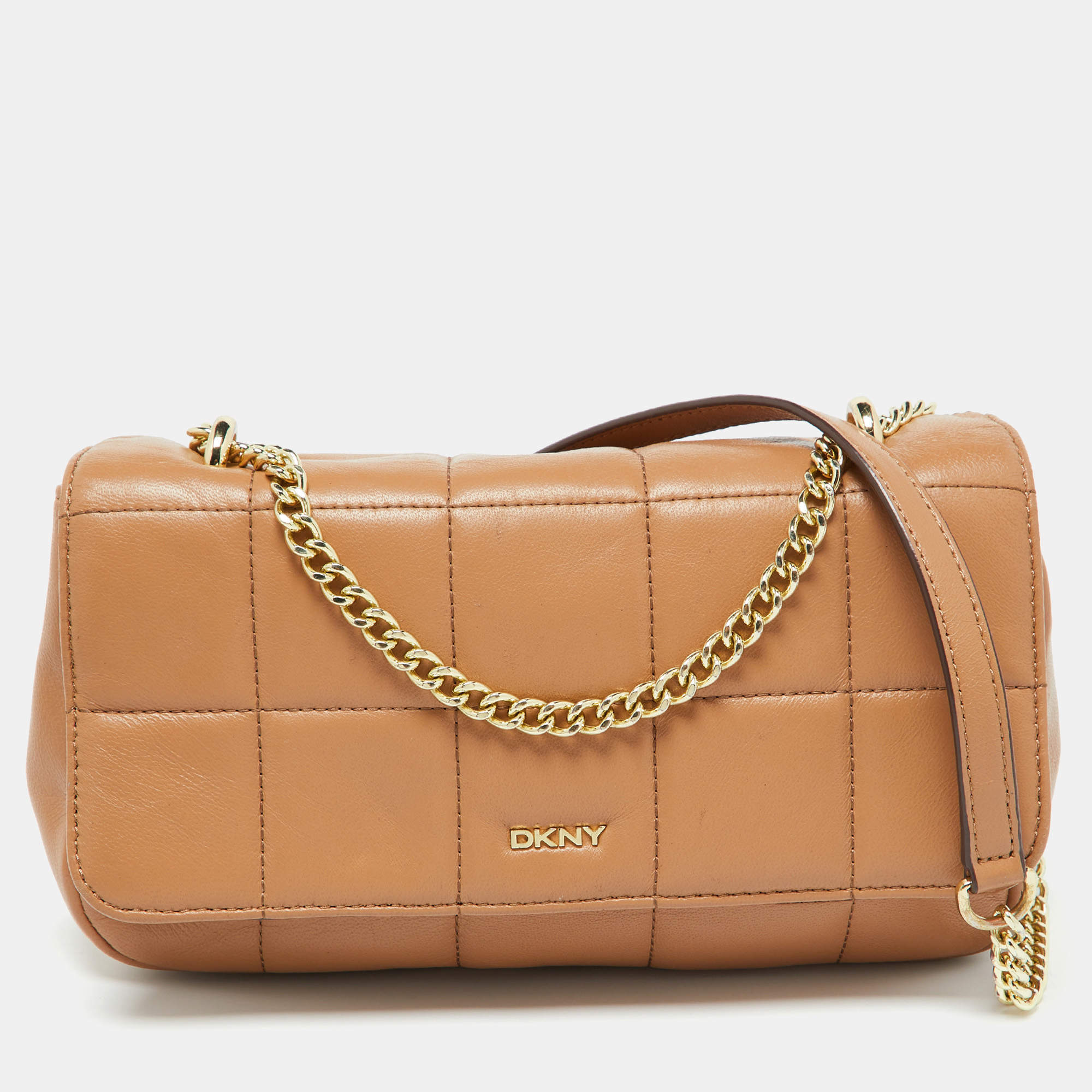 DKNY Beige Quilted Leather Flap Shoulder Bag