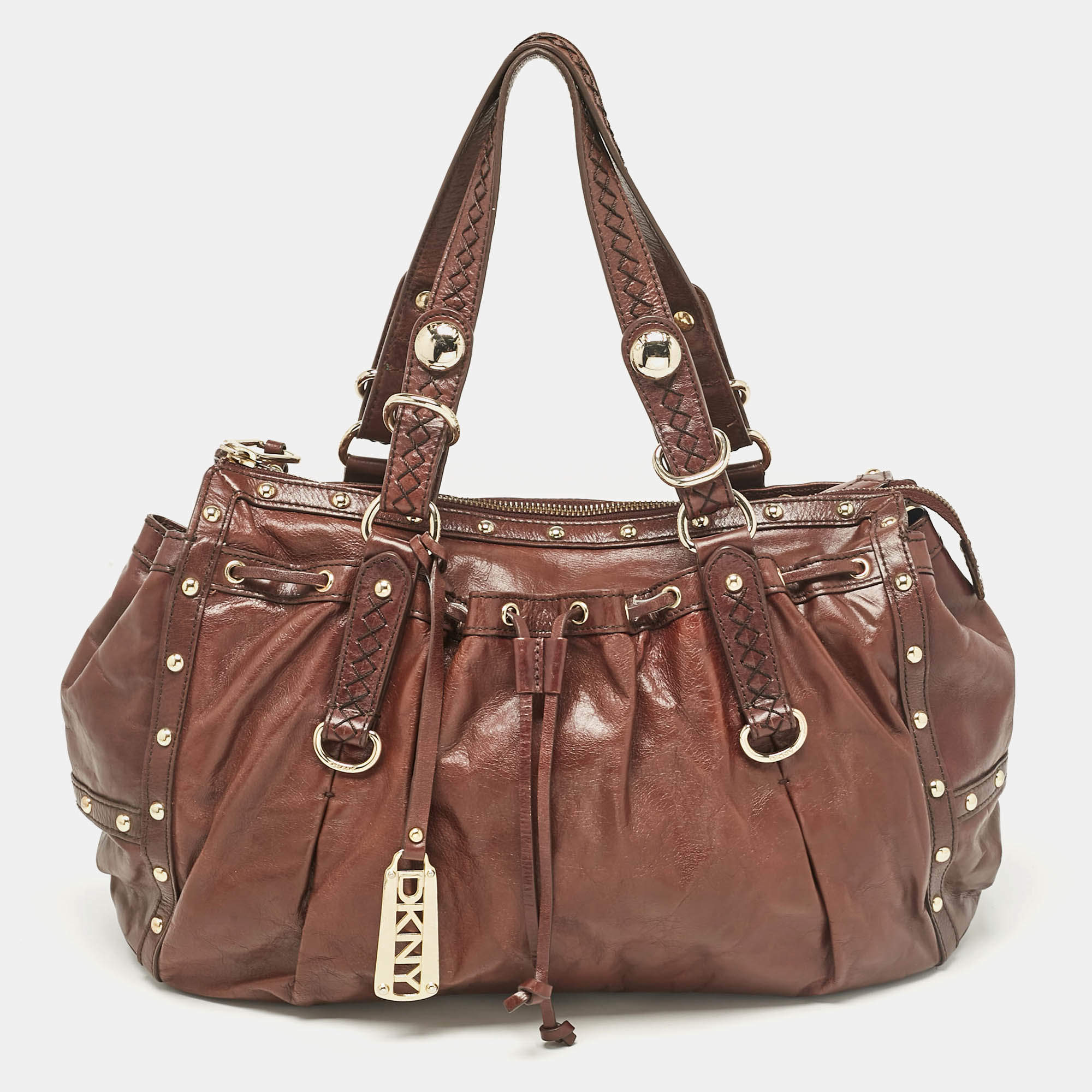 Pre Owned DKNY Dark Brown Leather Studded Drawstring Tote