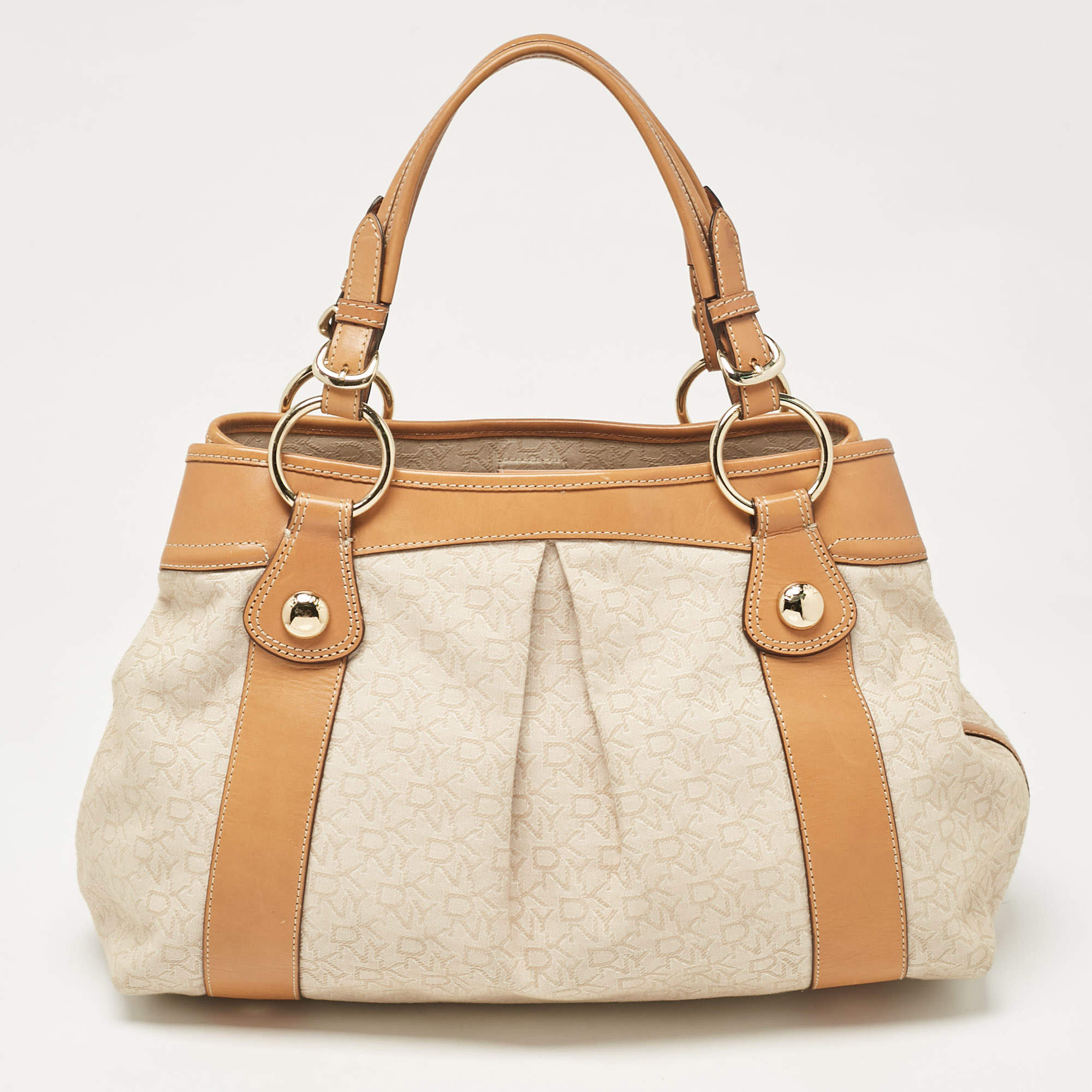 DKNY Beige/Brown Monogram Canvas and Leather Front Zip Tote