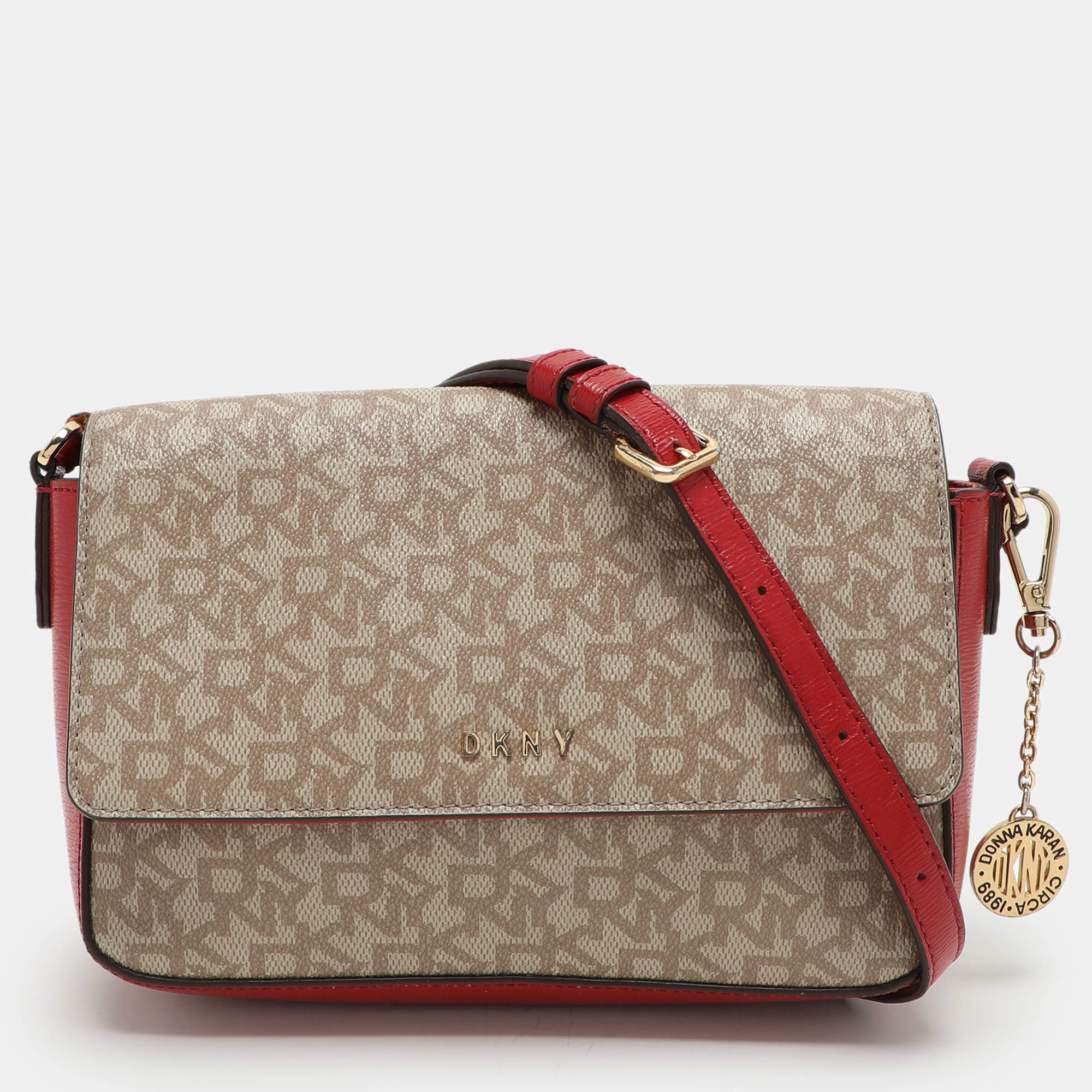 Dkny Beige/Red Signature Coated Canvas and Leather Crossbody Bag