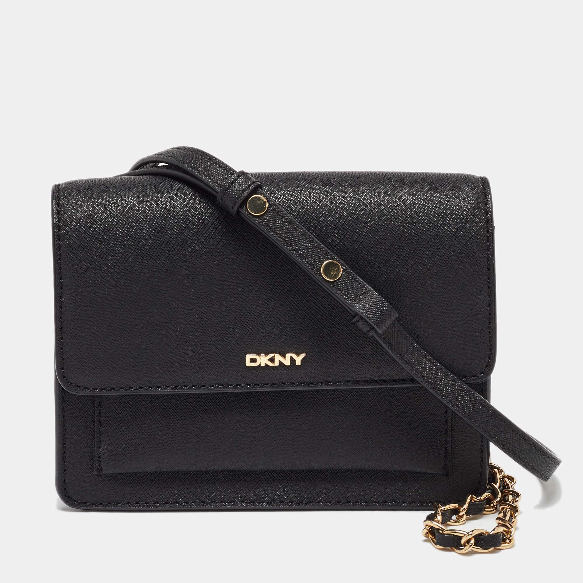 DKNY Black Saffiano Leather Flap Chain Shoulder Bag