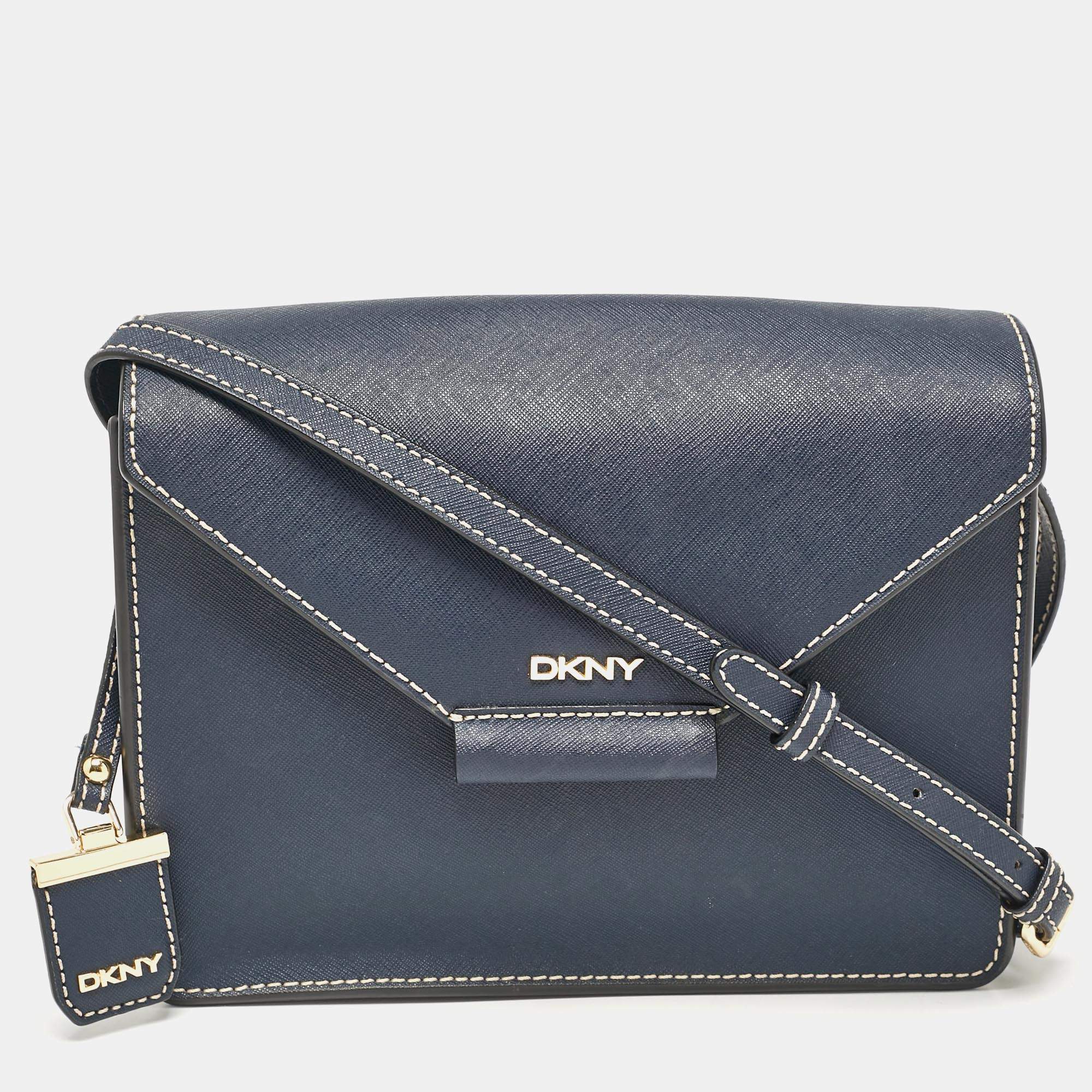 Pre Owned DKNY Navy Blue Saffiano Leather Envelope Flap Shoulder Bag