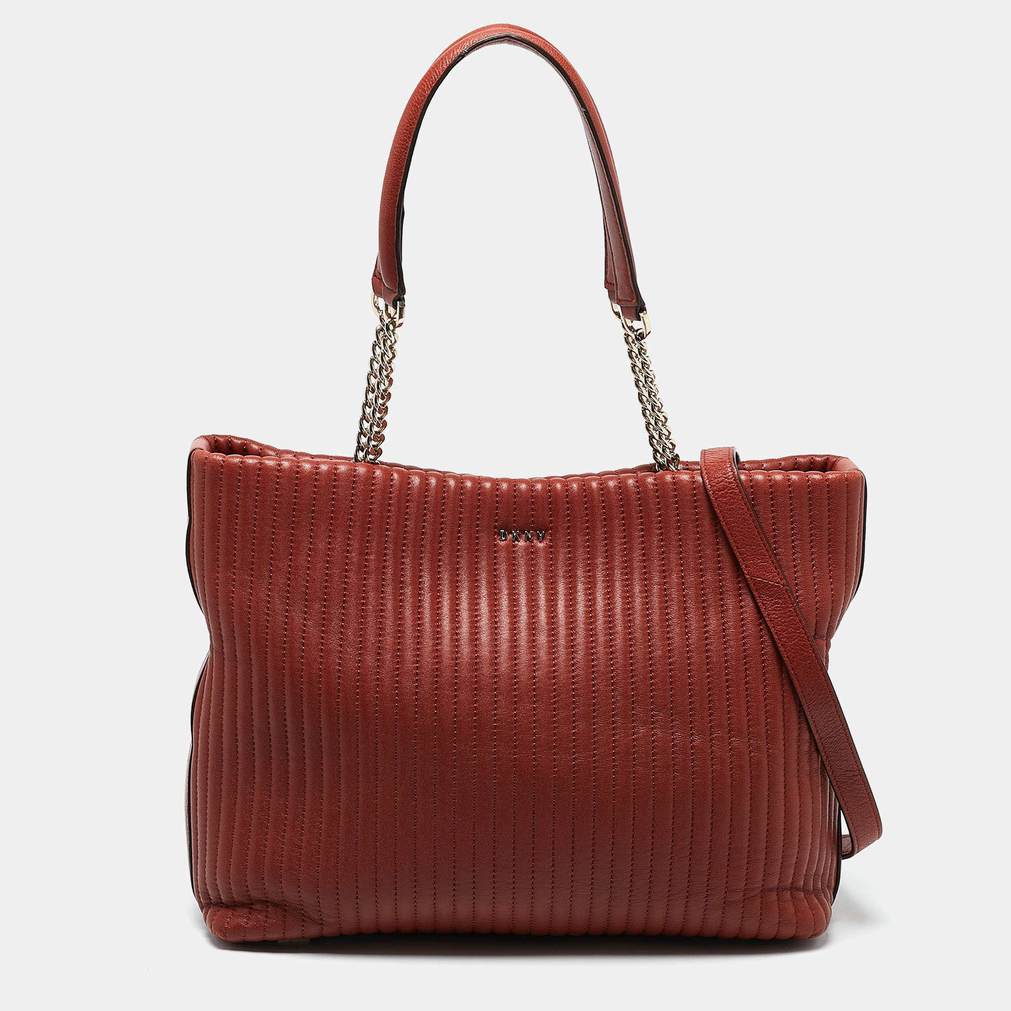 Pre Owned DKNY Brick Red Leather Pinstripe Gansevoort Tote