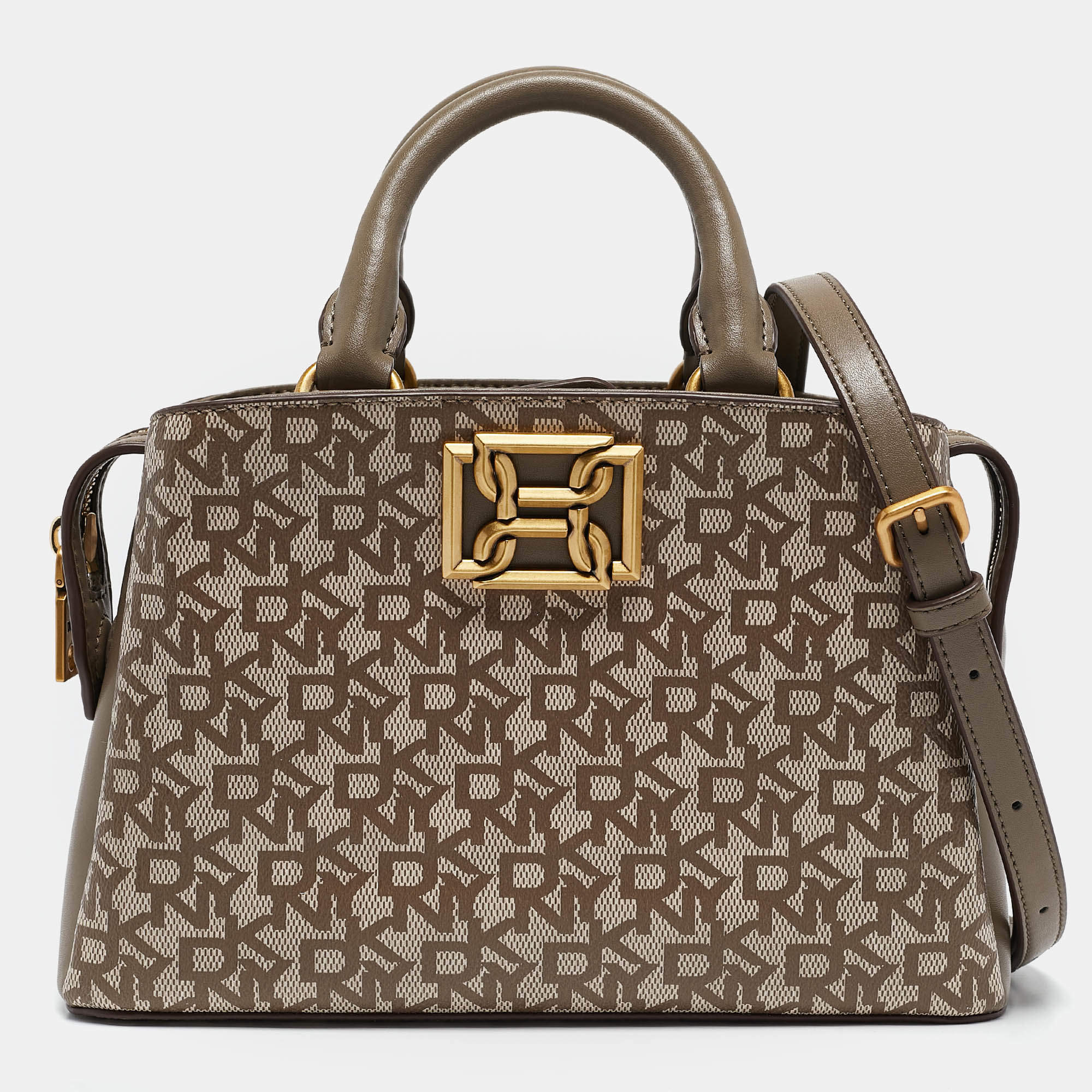 Pre Owned DKNY Taupe Signature Coated Canvas and Leather Satchel