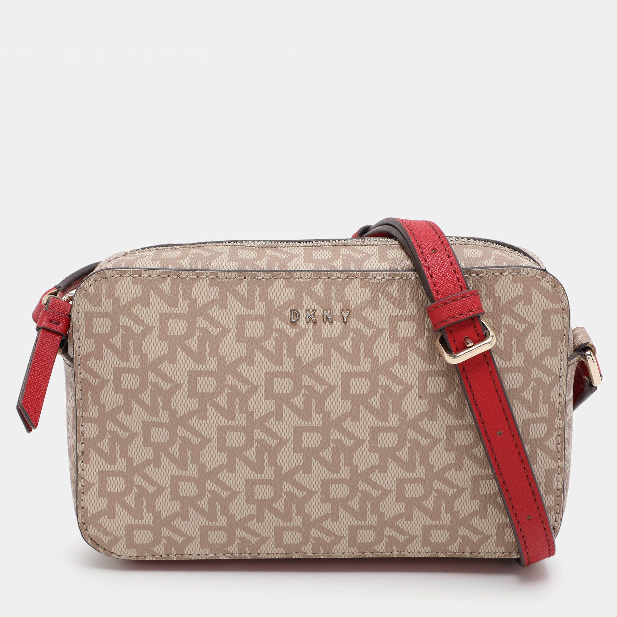 Dkny Beige/Red Signature Coated Canvas and Leather Crossbody Bag