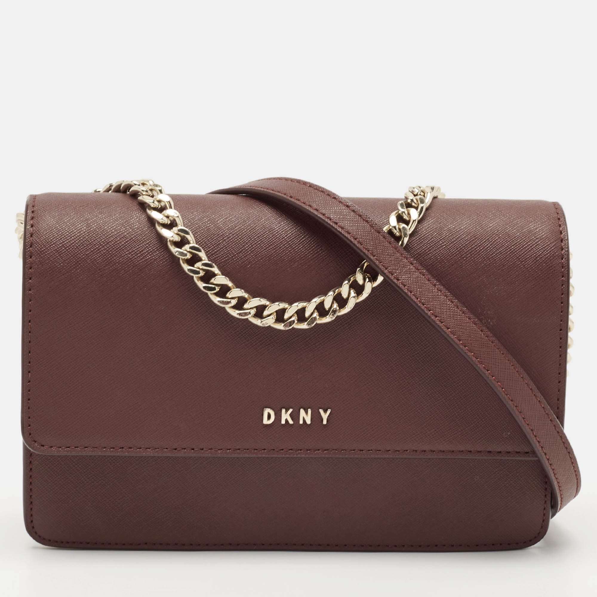 Pre Owned DKNY Burgundy Leather Bryant Park Flap Crossbody Bag