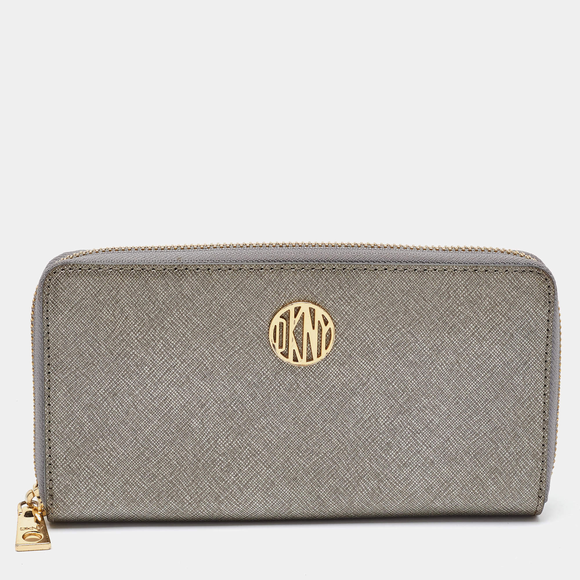 DKNY Metallic Grey Saffiano Leather Logo Zip Around Wallet