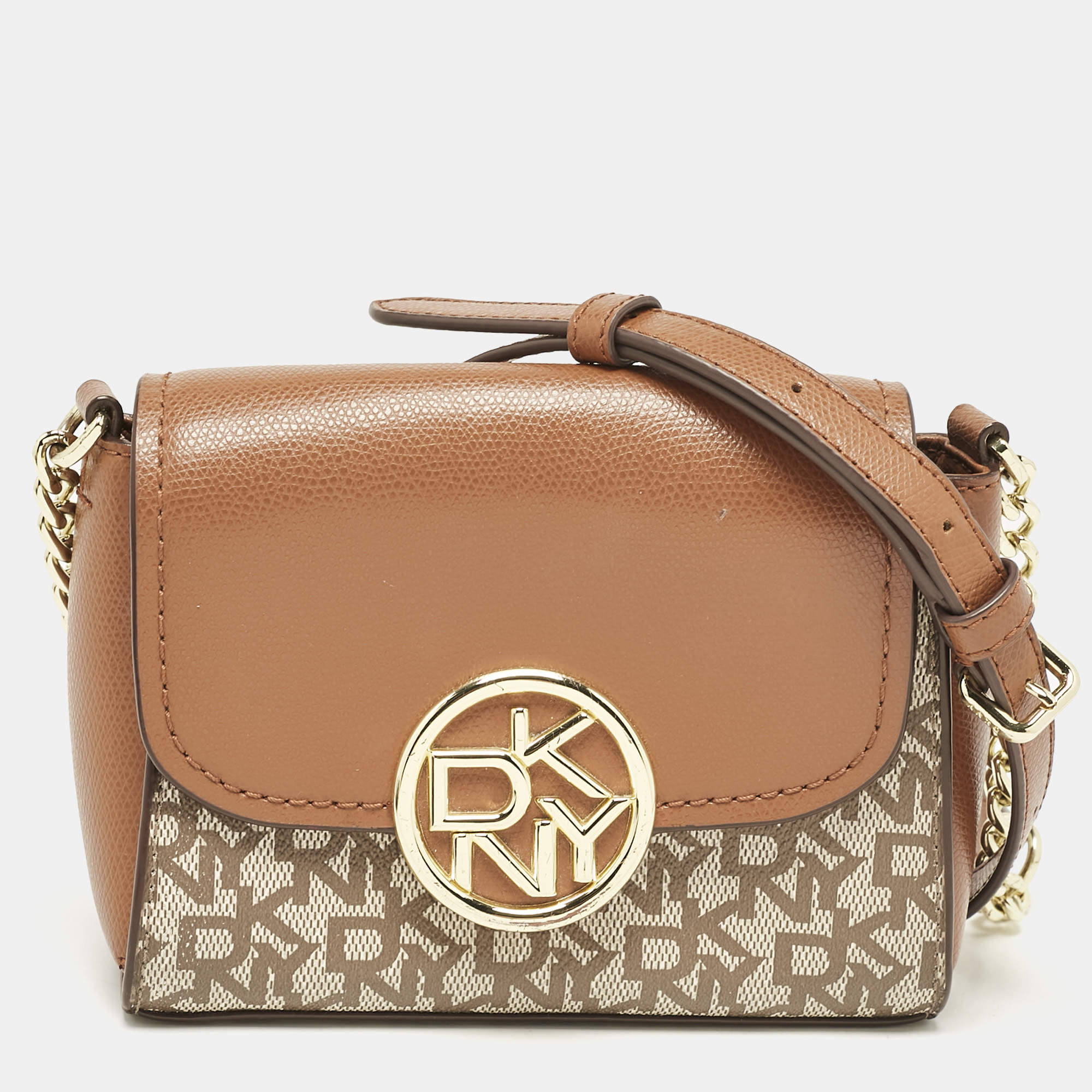 DKNY Beige/Brown Signature Coated Canvas and Leather Crossbody Bag