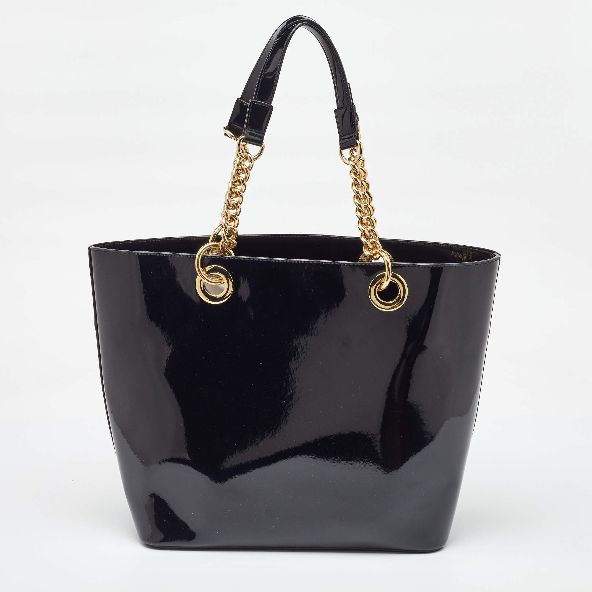DKNY Black Patent Leather Chain Shopper Tote