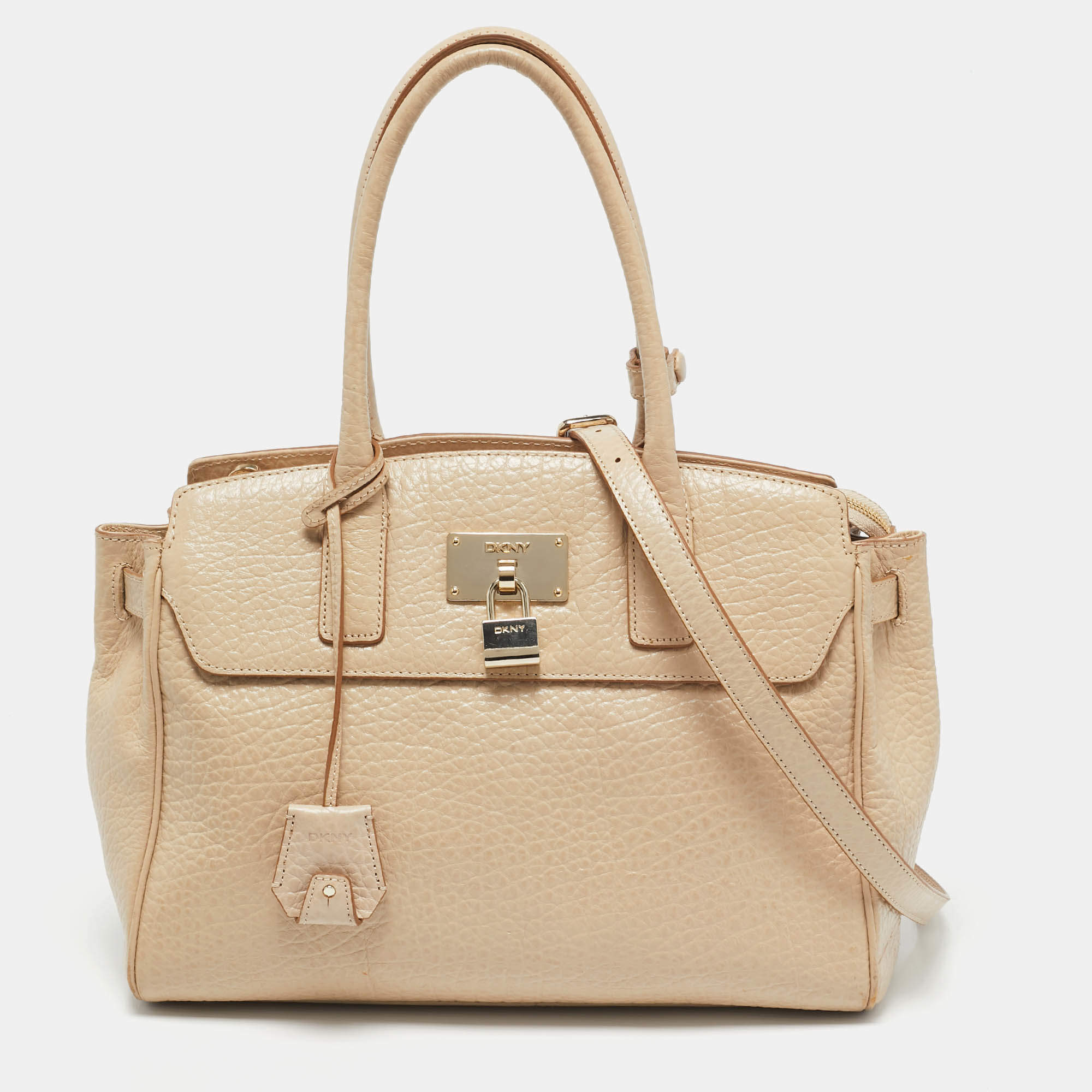 Pre Owned DKNY Cream Leather Padlock Tote