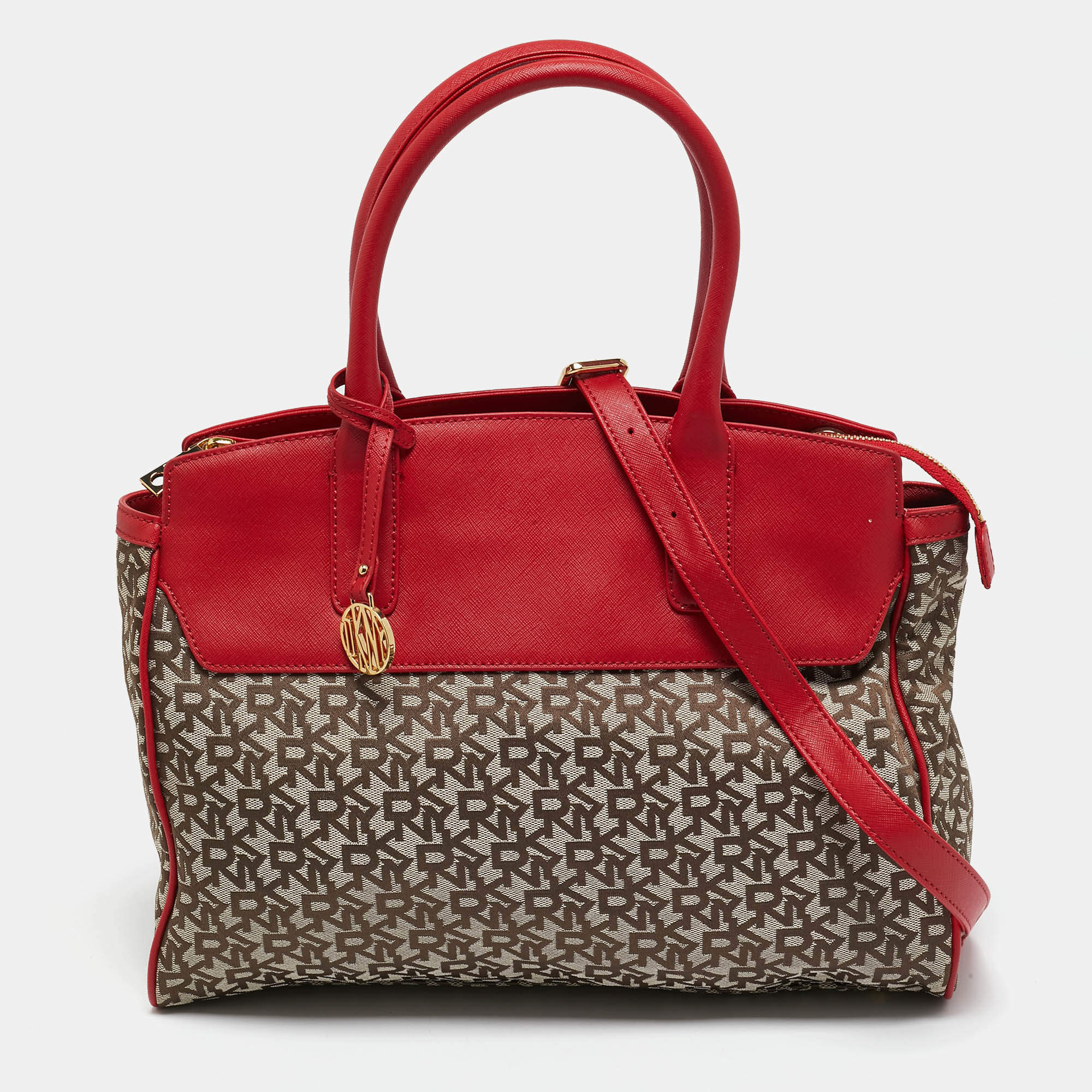 Pre Owned Dkny Red/Beige Monogram Fabric and Leather Zip Tote
