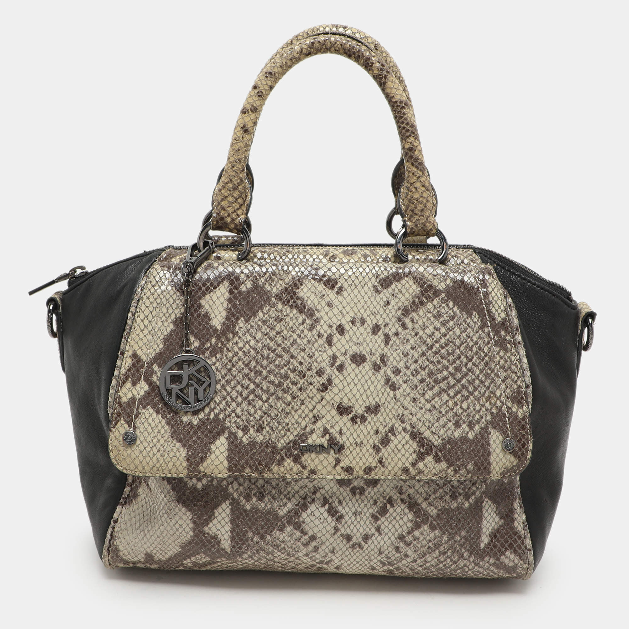 Pre Owned Dkny Grey/Black Leather and Snake Print Leather Satchel