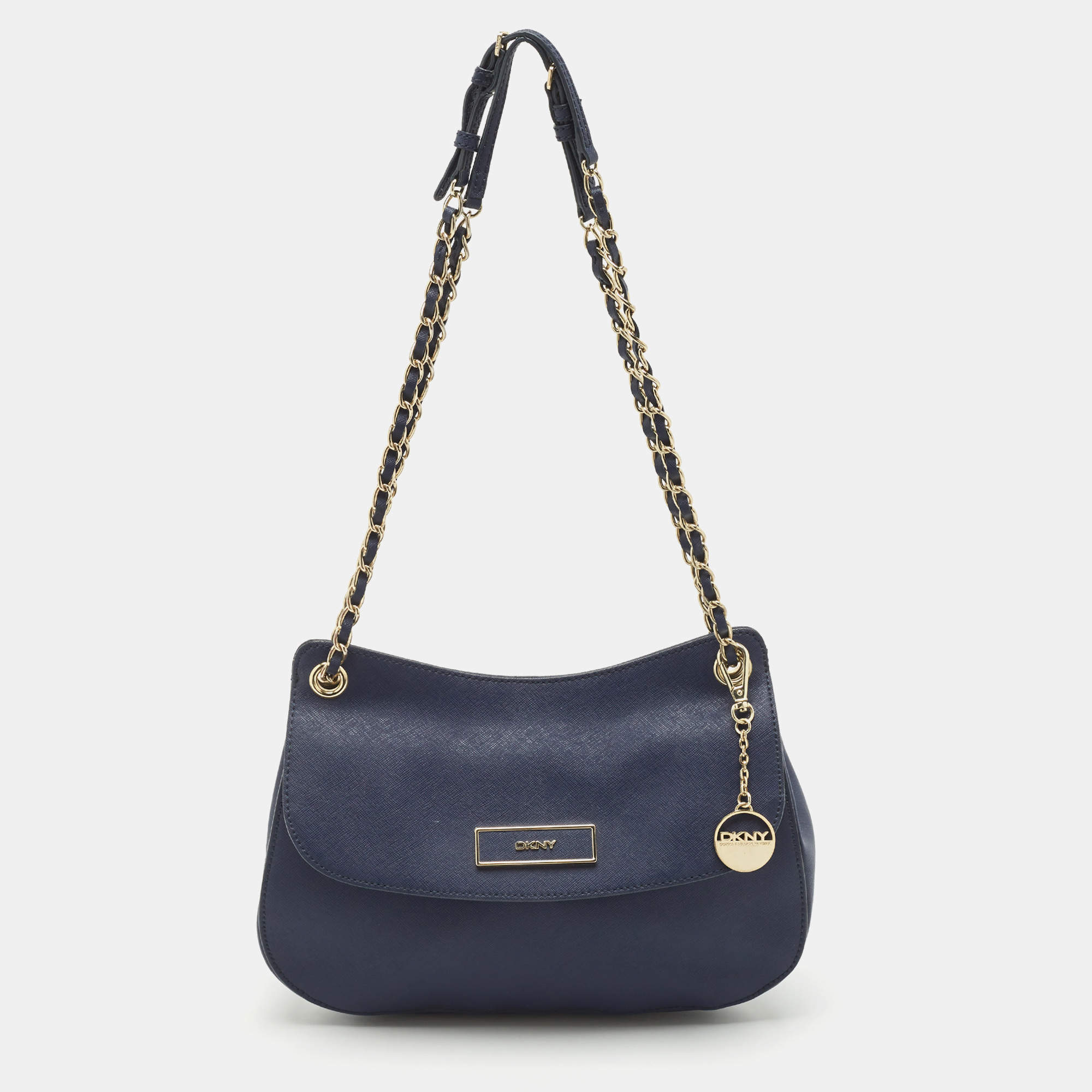 DKNY Navy Blue Leather Chain Flap Shoulder Bag