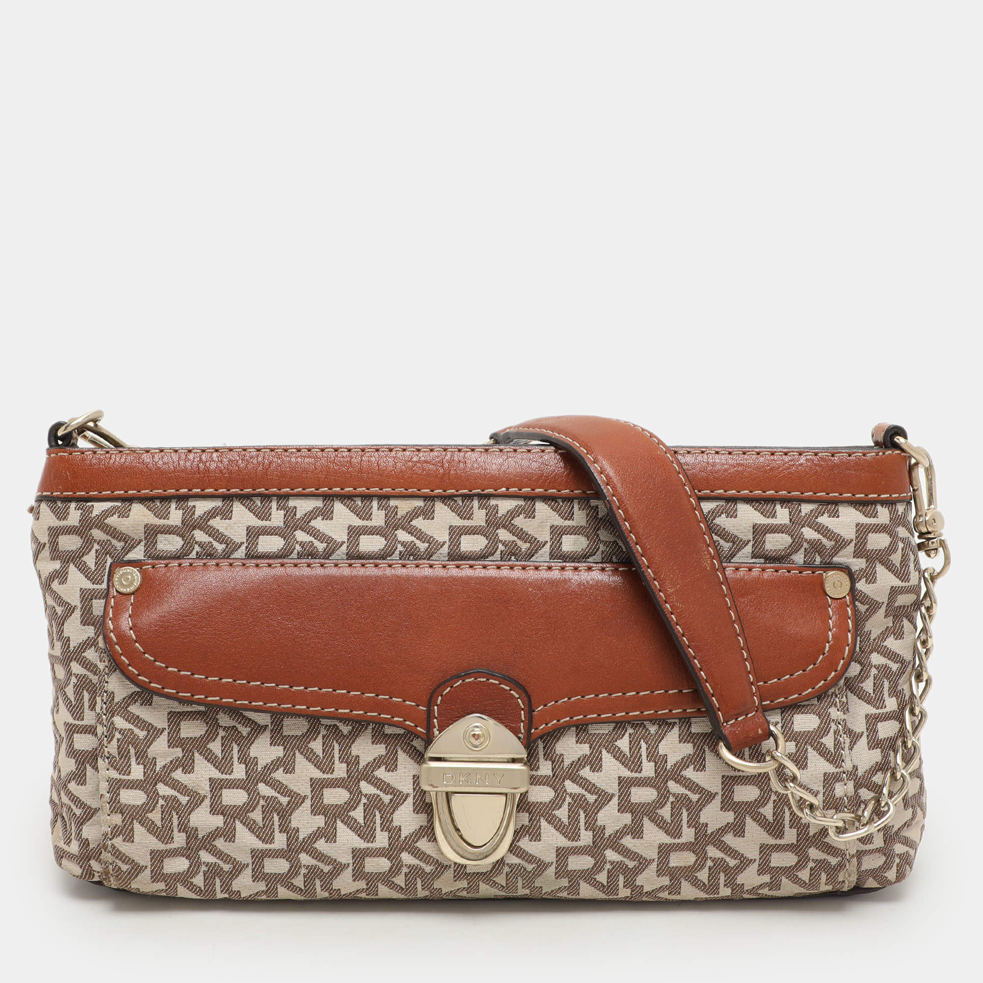 DKNY Beige/Brown Signature Canvas and Leather Shoulder Bag
