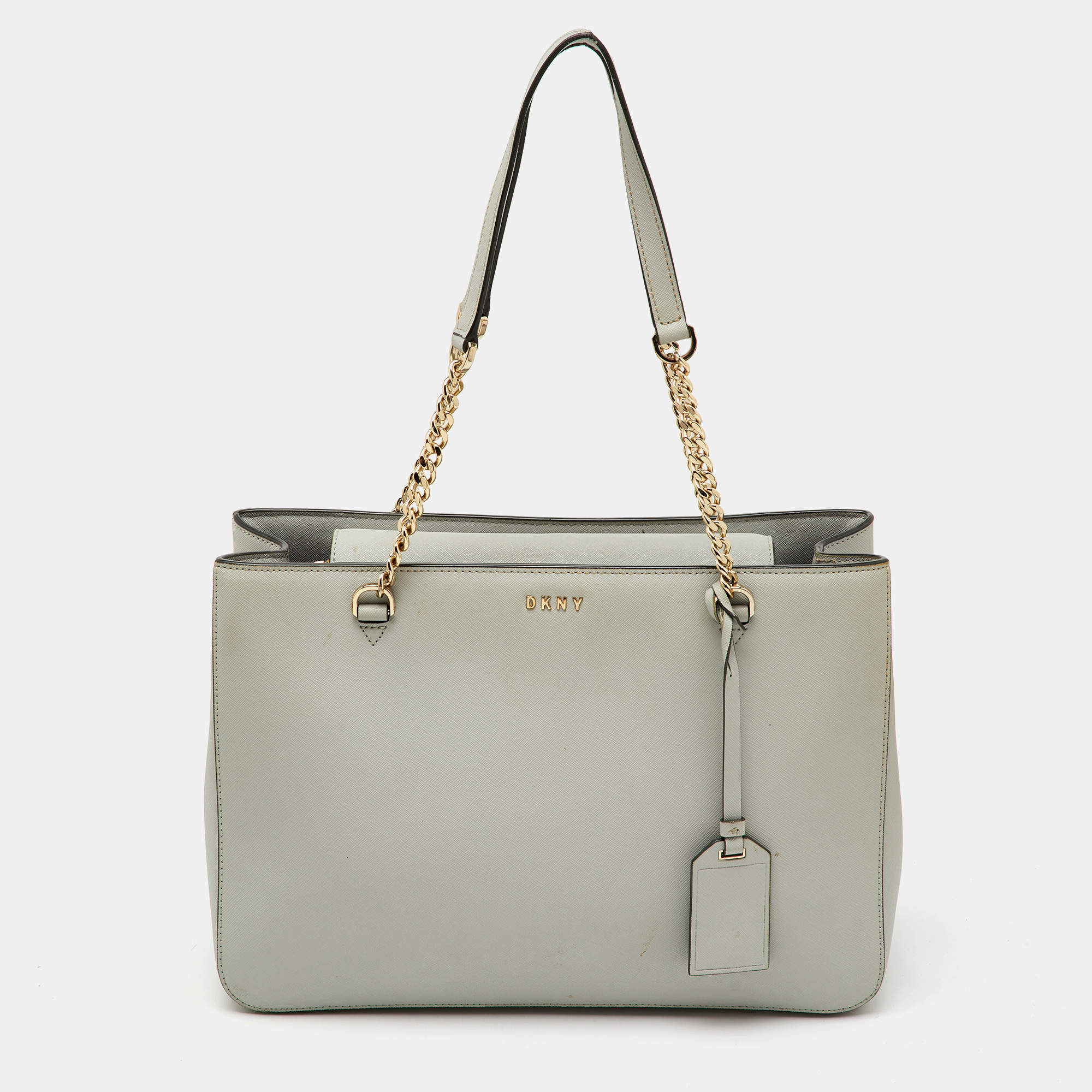 DKNY Light Grey Saffiano Leather Chain Tote