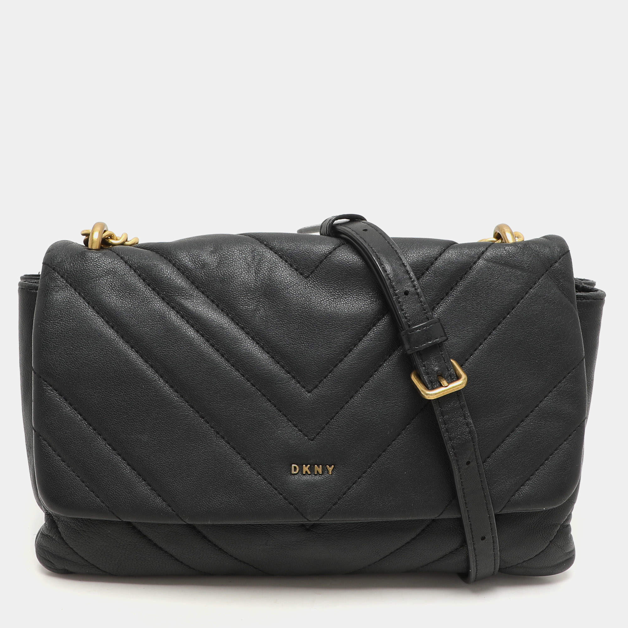 Dkny Black Quilted Leather Chain Flap Crossbody Bag