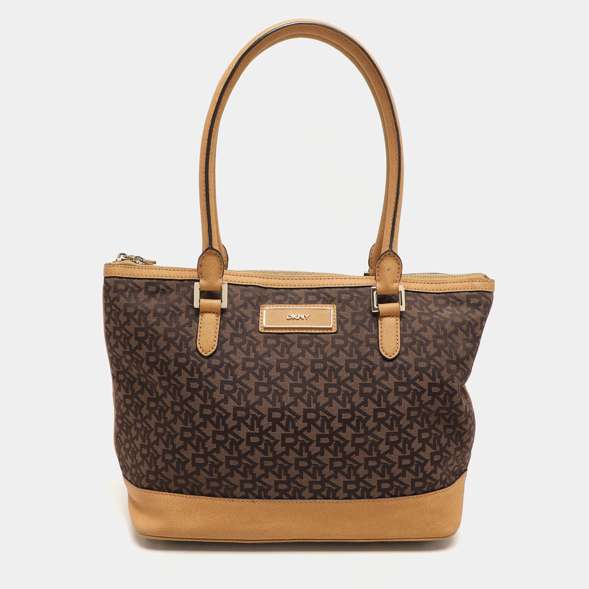 Dkny Brown/Tan Canvas and Leather Zip Tote