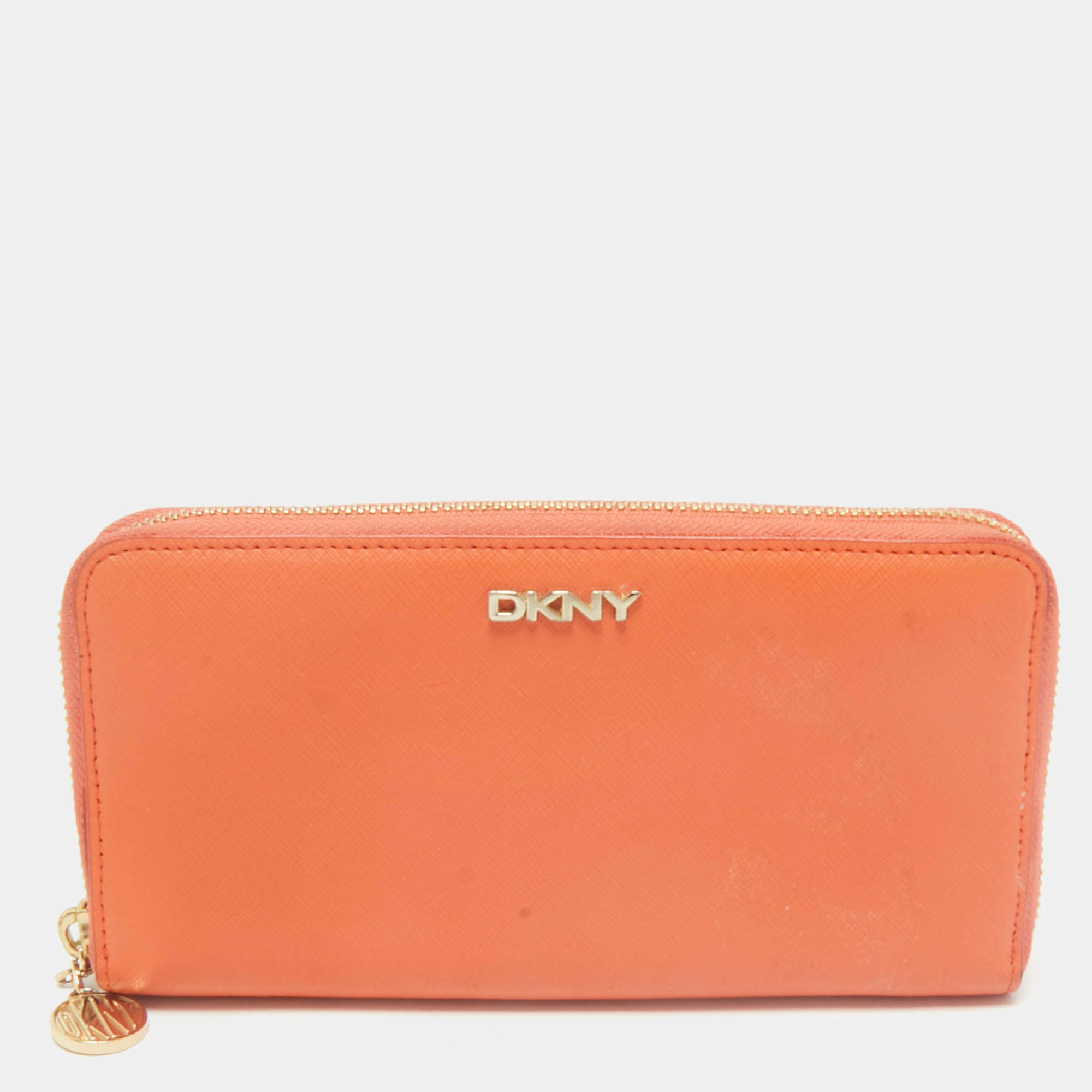 Pre Owned DKNY Orange Leather Zip Continental Wallet