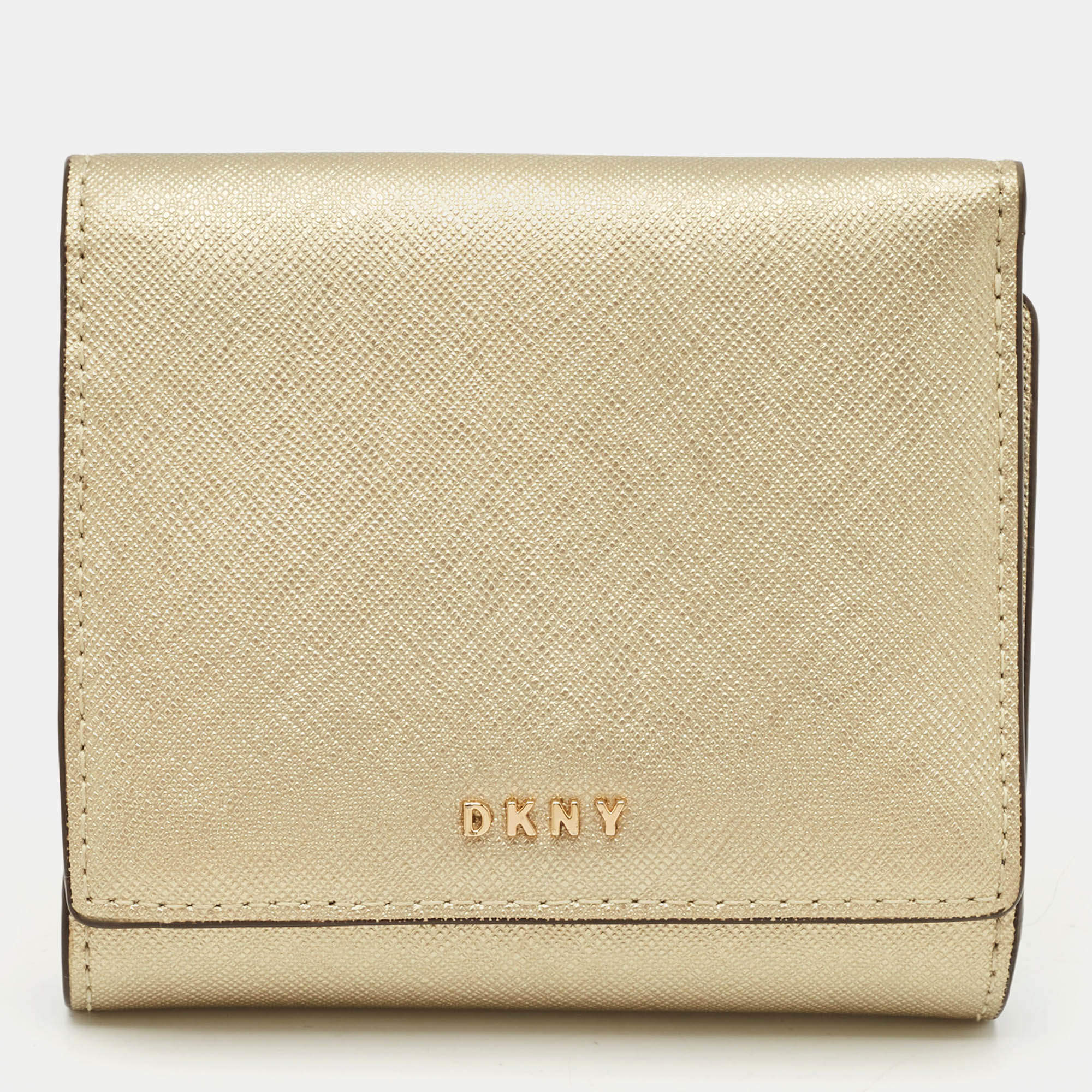 Pre Owned Dkny Gold Leather Trifold Wallet