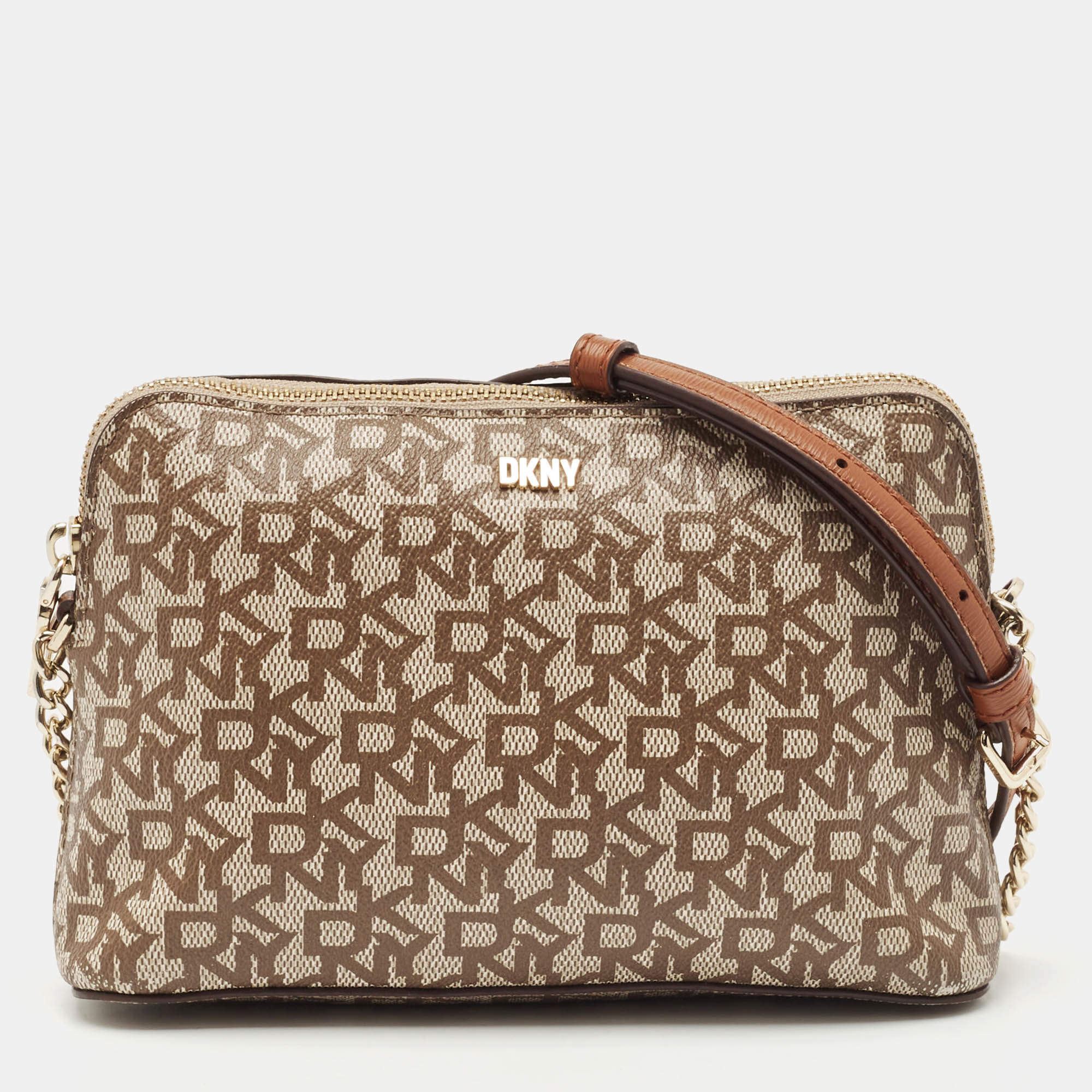 Dkny Beige/Brown Monogram Coated Canvas and Leather Crossbody Bag