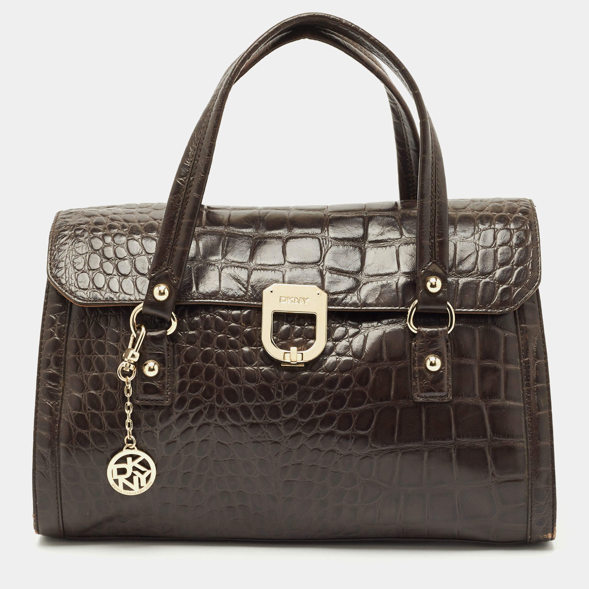 Pre Owned DKNY Dark Brown Croc Embossed Leather Satchel