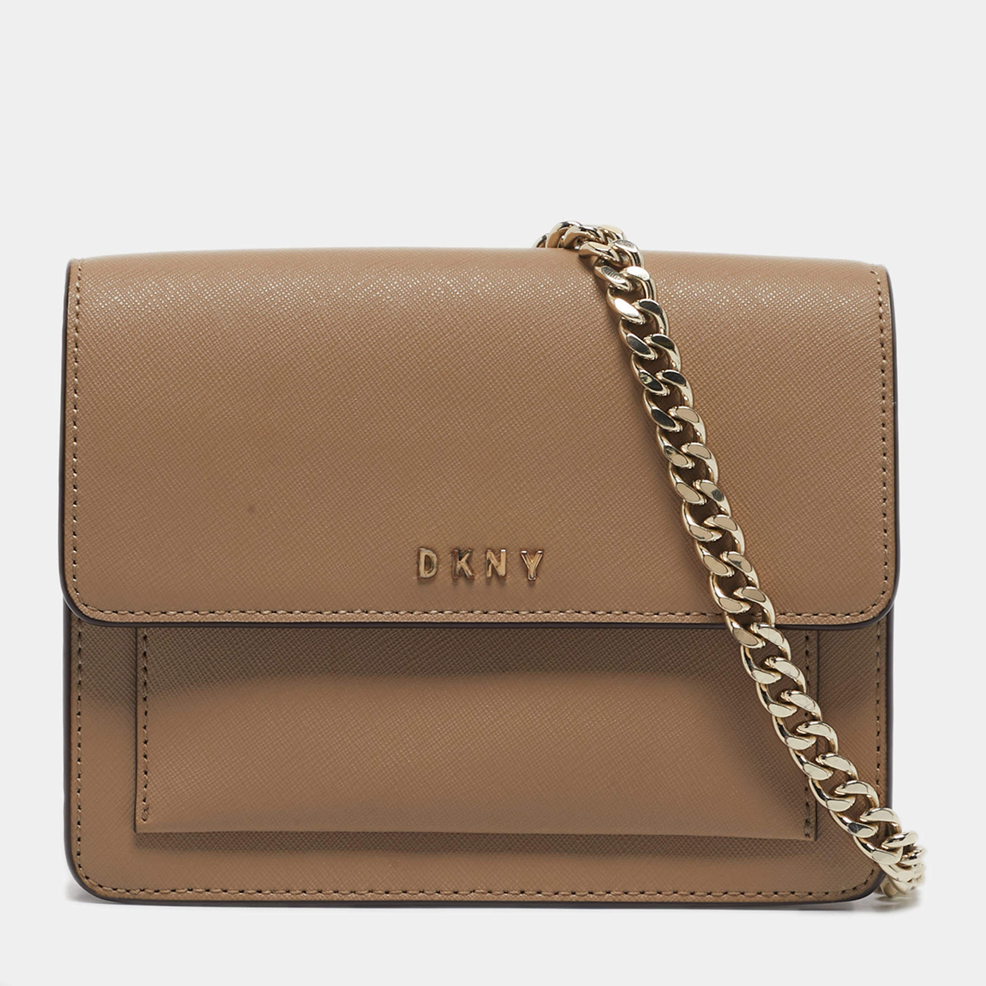 Pre Owned DKNY Beige Leather Flap Chain Crossbody Bag
