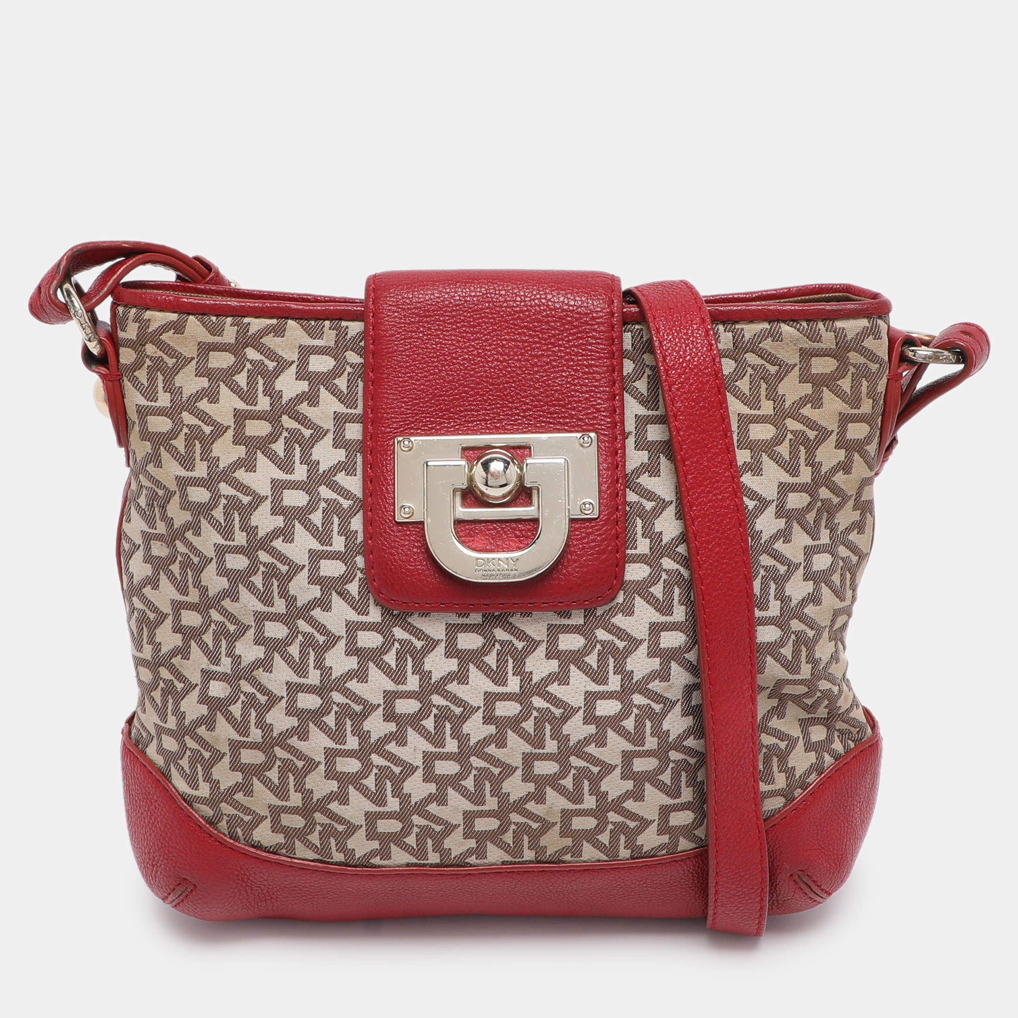 Pre Owned Dkny Beige/Red Canvas and Leather Crossbody Bag