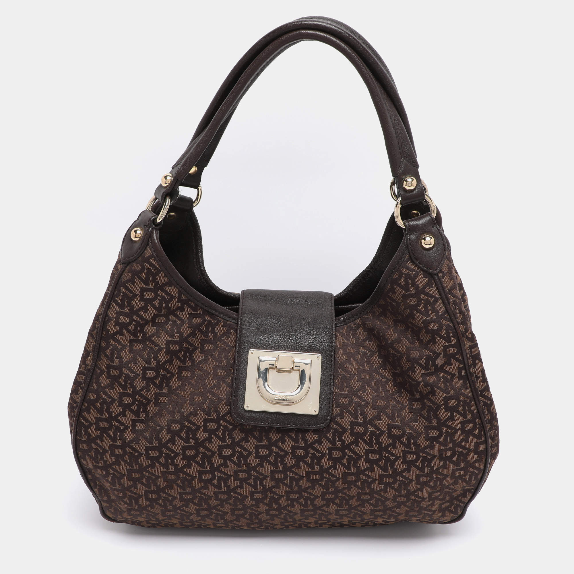 Pre Owned Dkny Brown Signature Canvas and Leather D Buckle Hobo