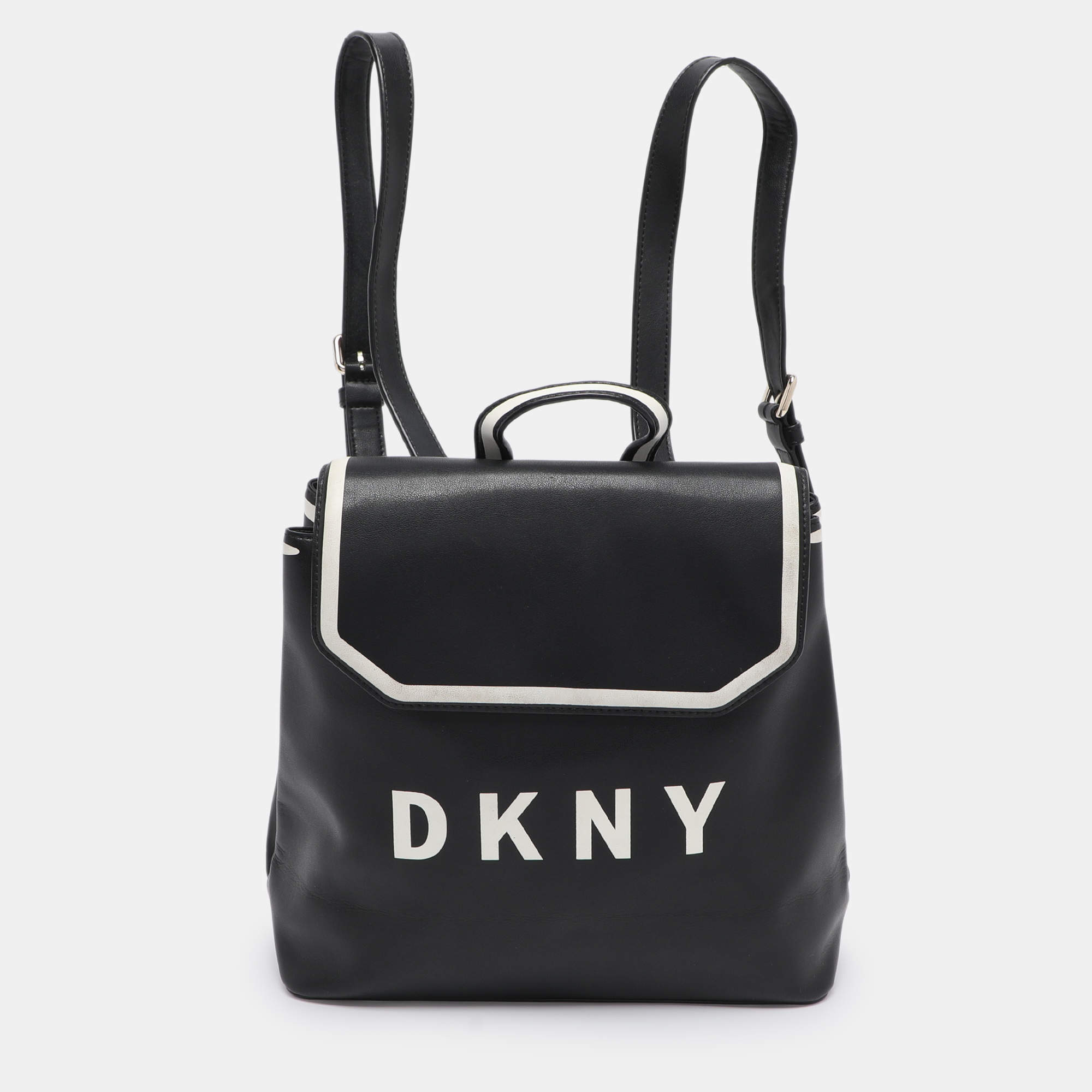Pre Owned DKNY Black Leather Logo Print Jade Flap Backpack