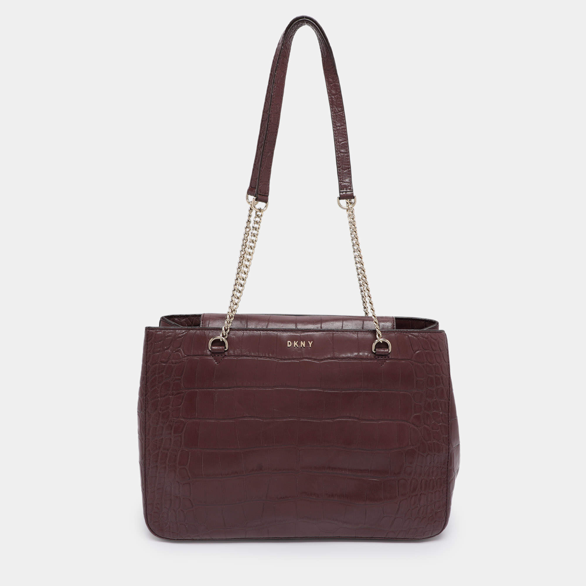 Pre Owned DKNY Burgundy Croc Embossed Leather Chain Tote