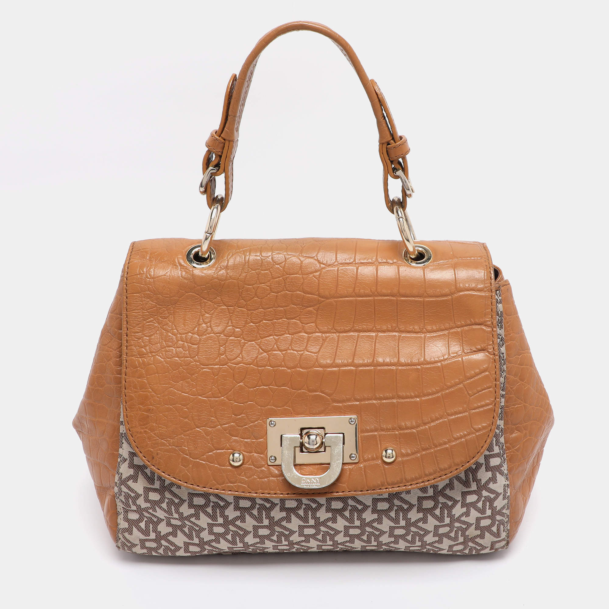 Pre Owned DKNY Beige/Tan Canvas and Croc Embossed Leather Top Handle Bag