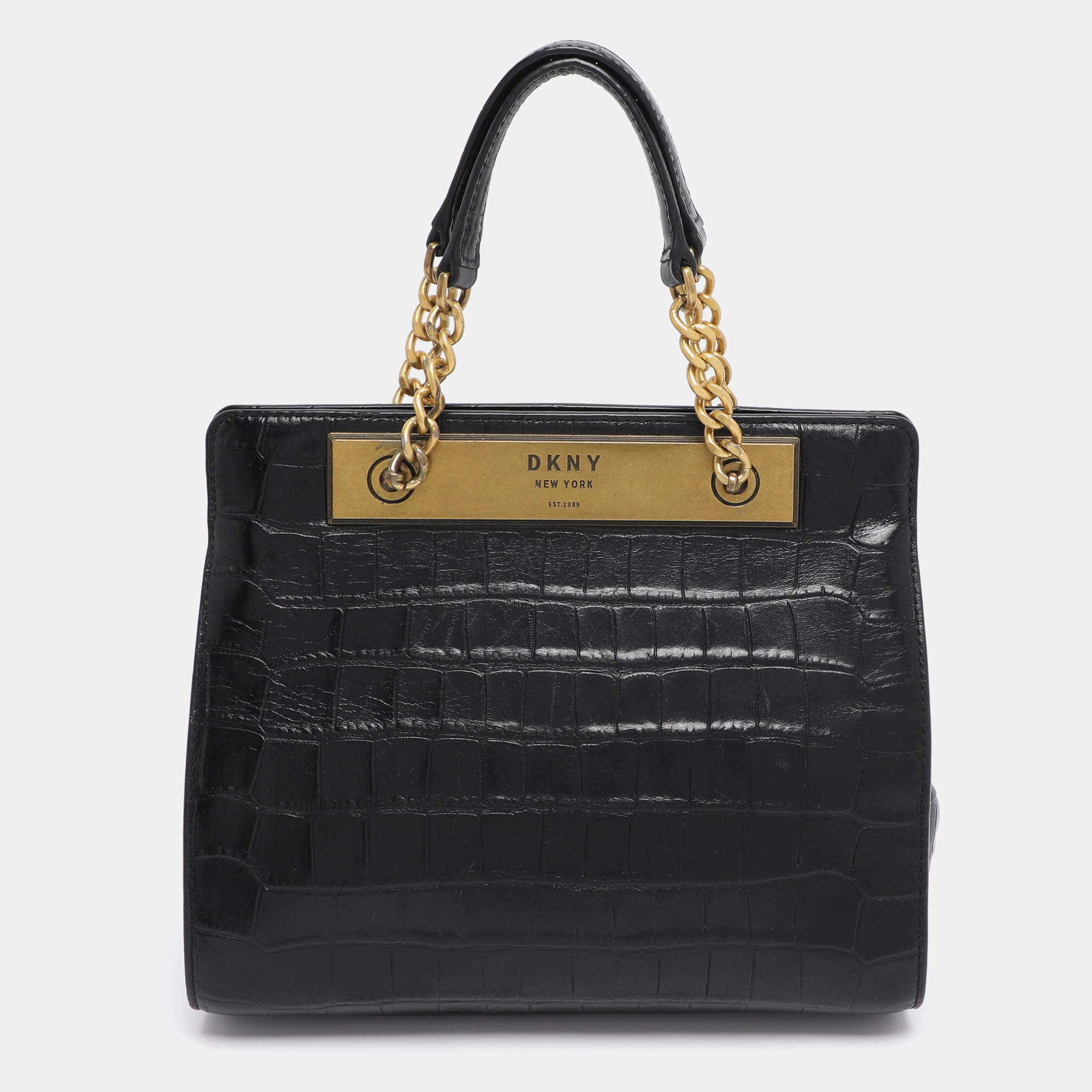 Pre Owned DKNY Black Croc Embossed Leather Cooper Satchel