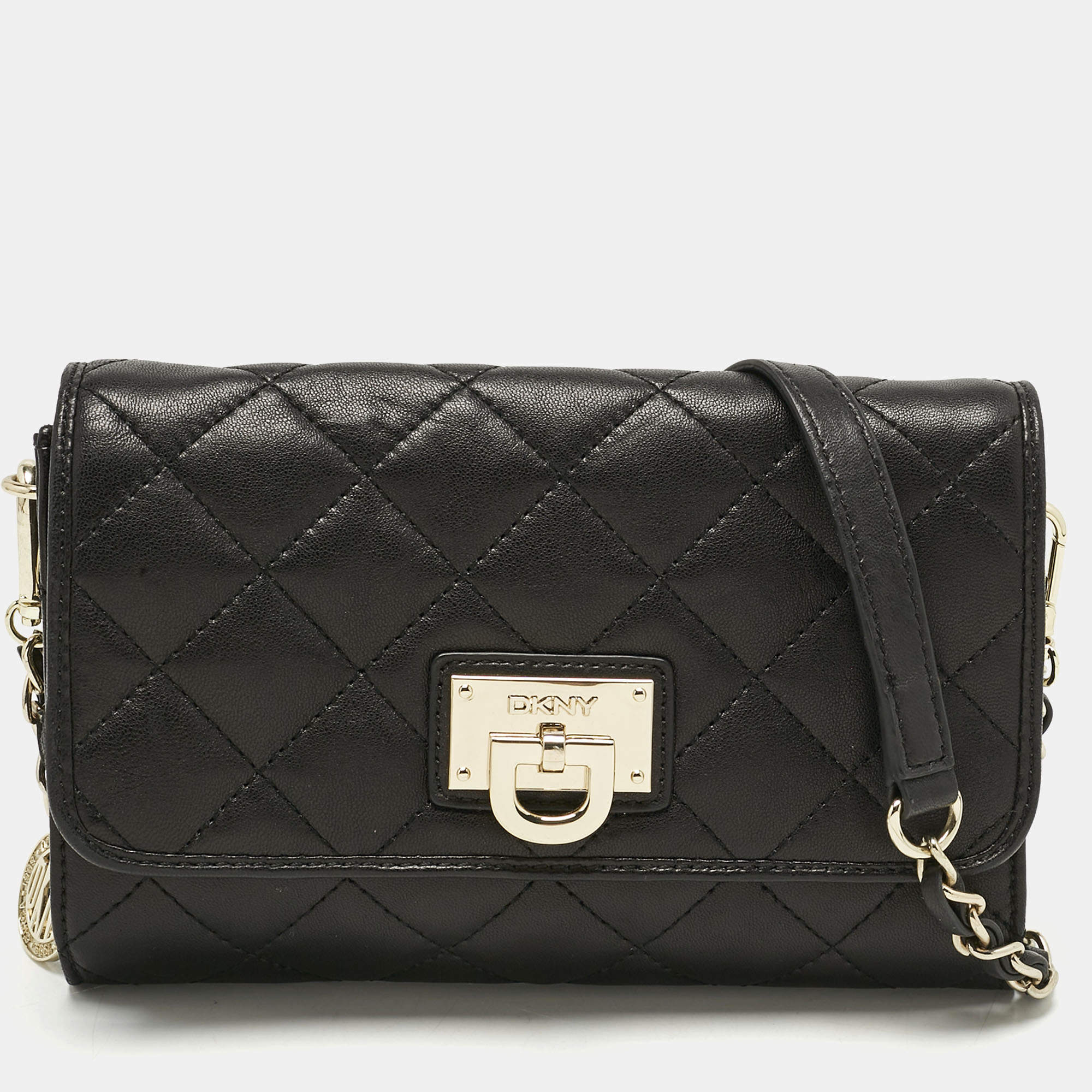 Pre Owned DKNY Black Quilted Leather Flap Chain Crossbody Bag