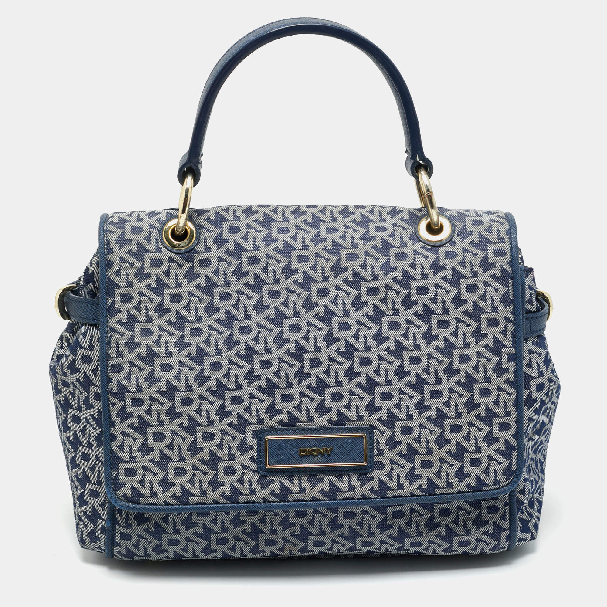 Pre Owned DKNY Blue Signature Canvas and Leather Trim Flap Top Handle Bag