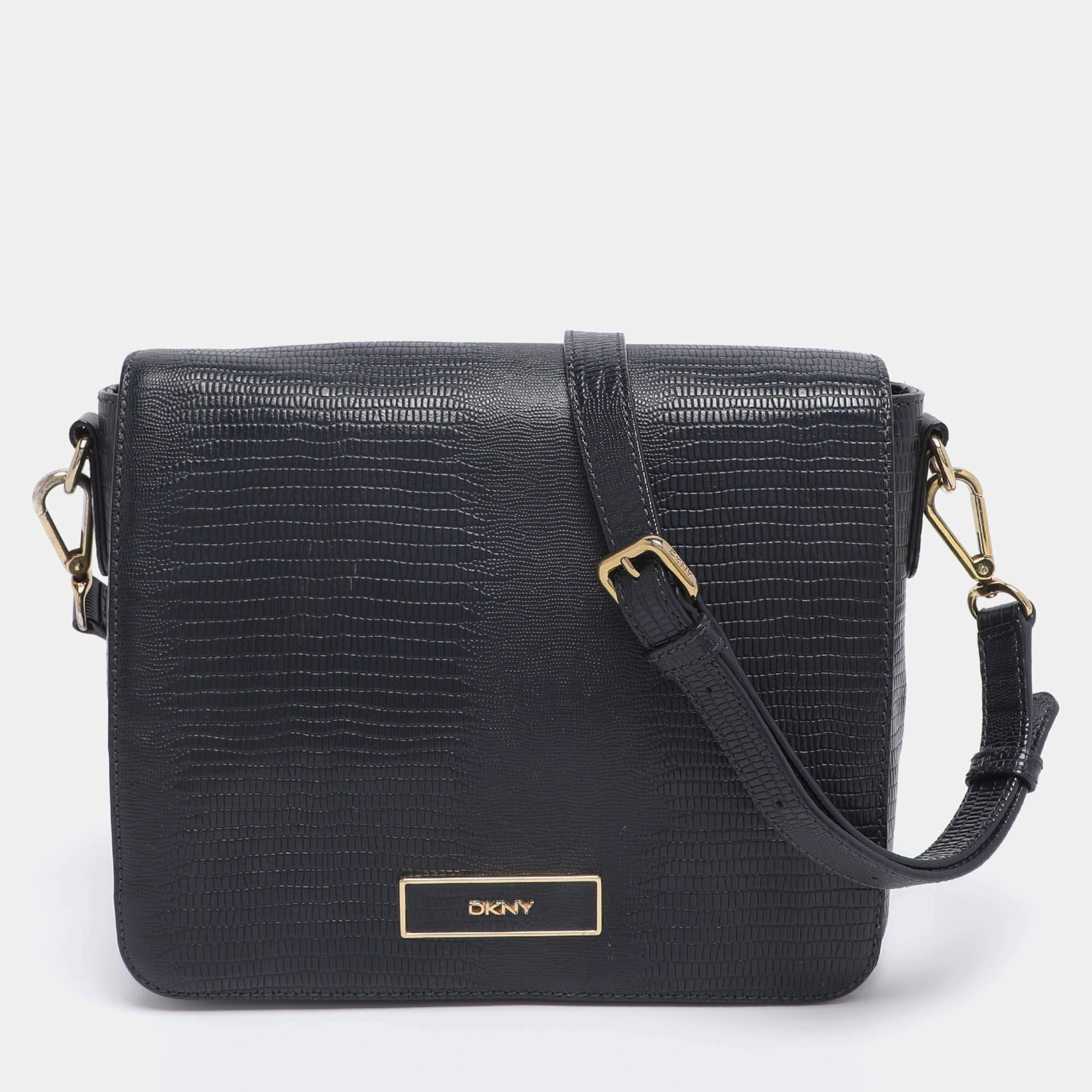Pre Owned DKNY Navy Blue Lizard Embossed Leather Bryant Crossbody Bag