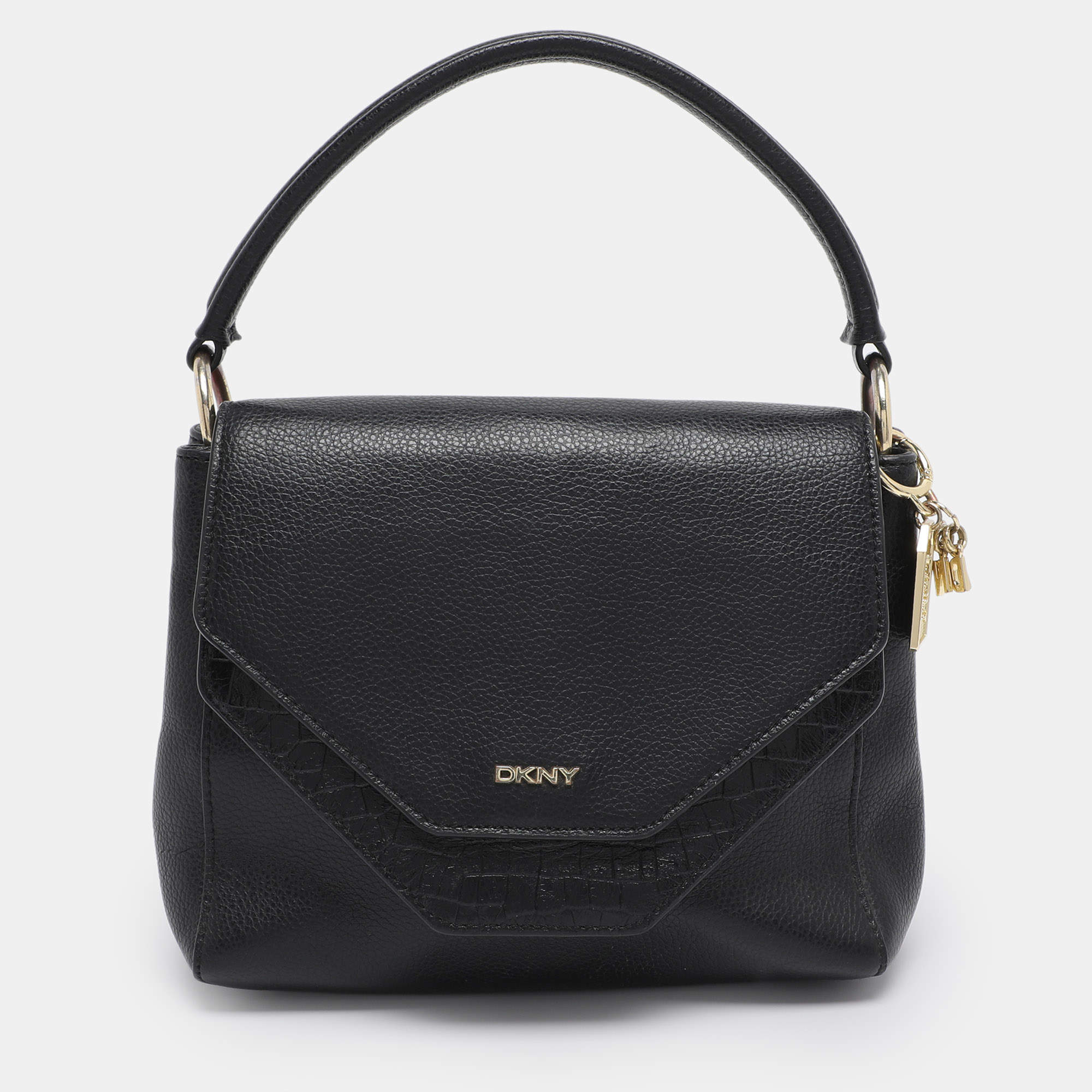 Pre Owned DKNY Black Leather and Croc Embossed Leather Top Handle Bag