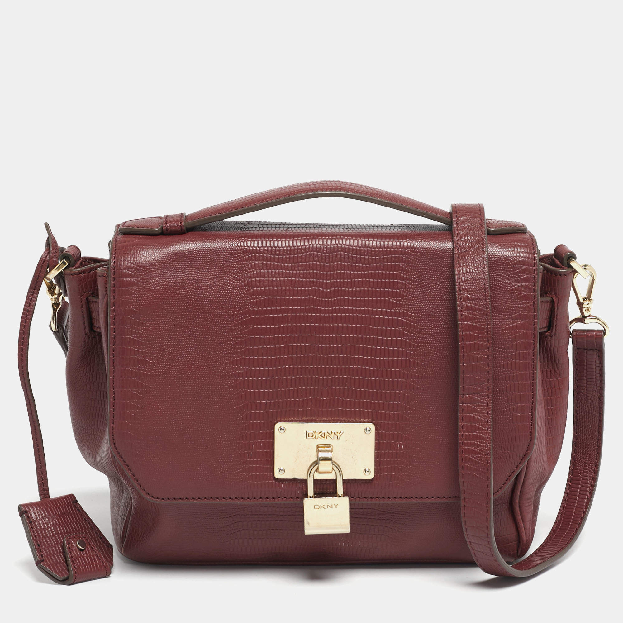 Pre Owned DKNY Red Lizard Embossed Leather Top Handle Bag