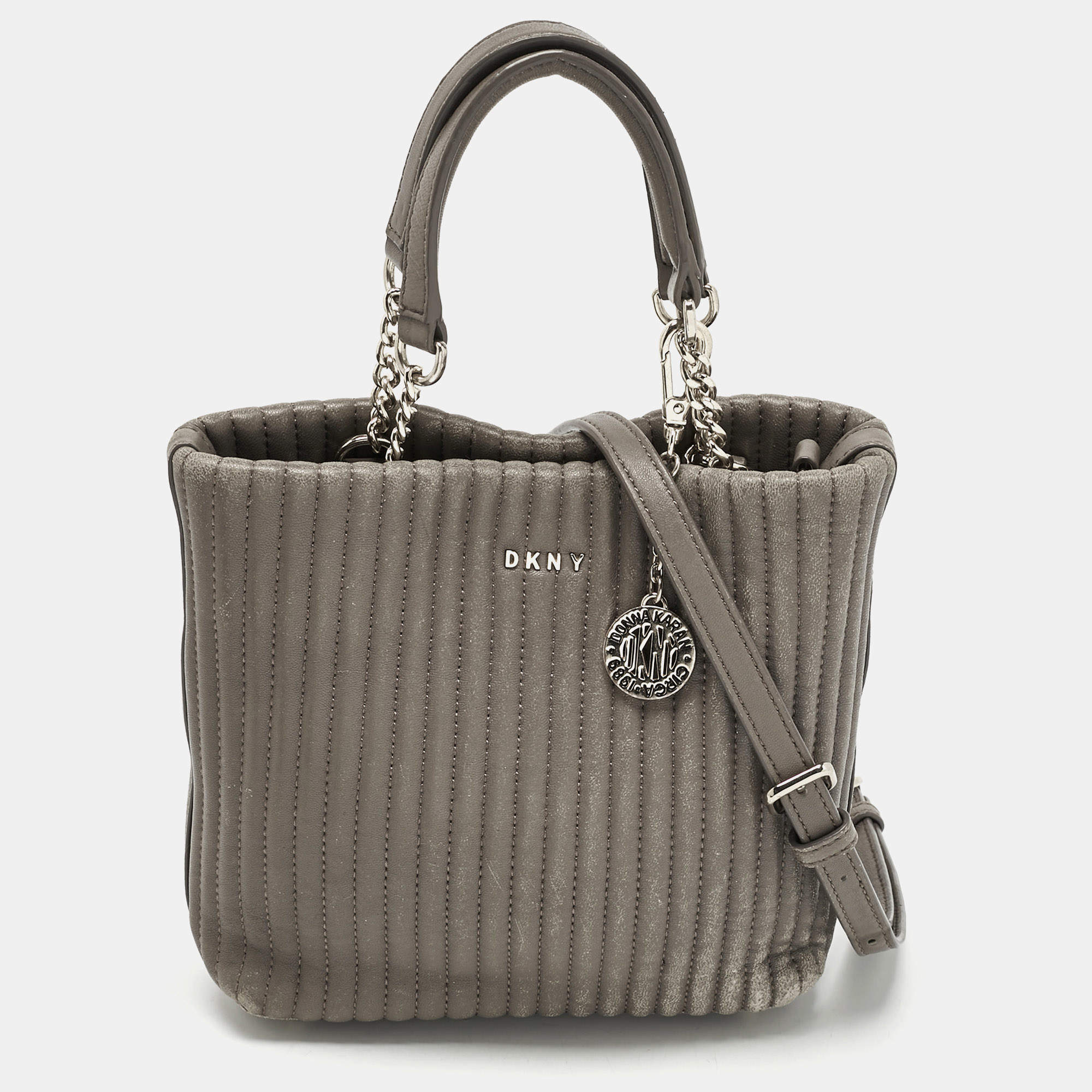 Pre Owned DKNY Grey Stripe Leather Gansevoort Tote