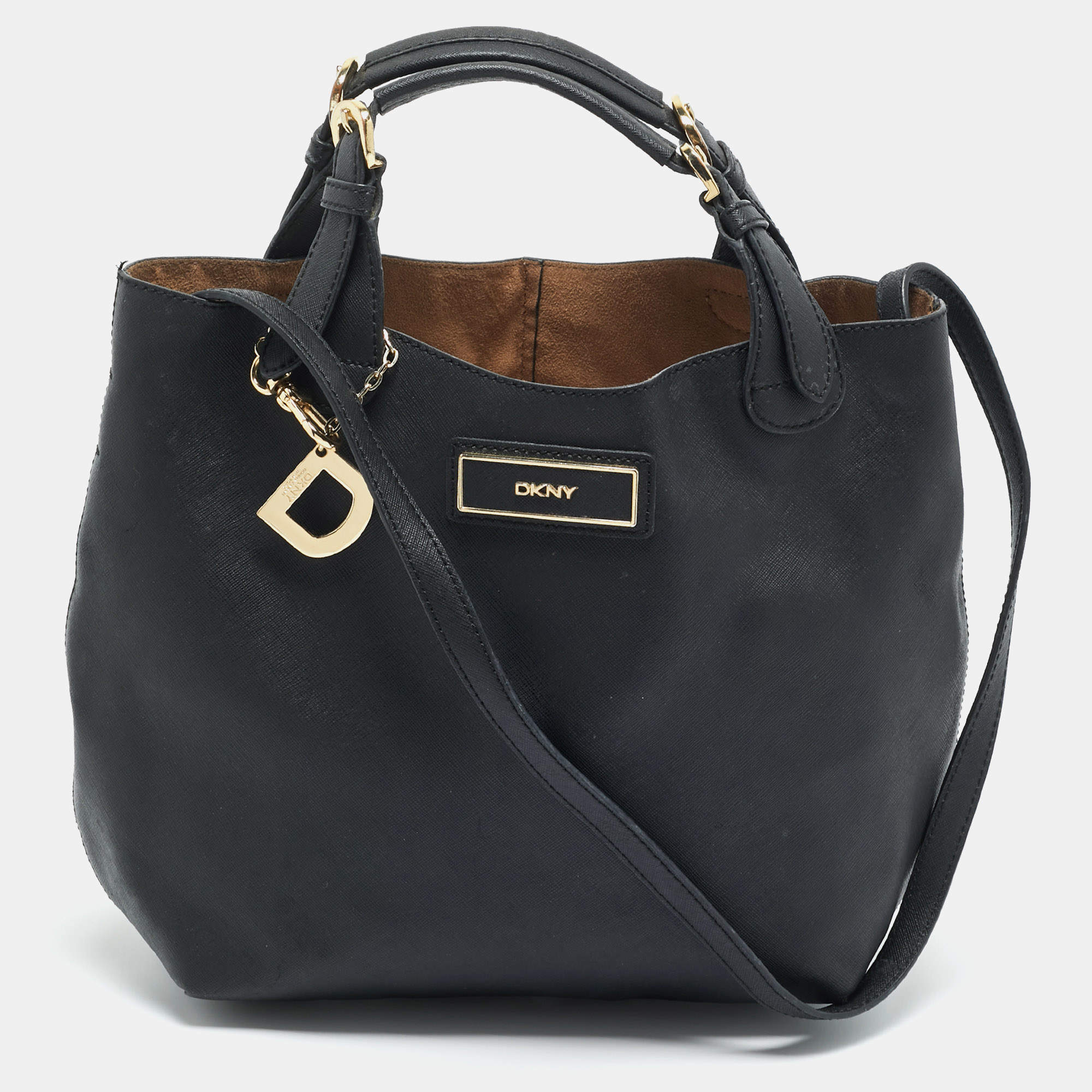 Pre Owned DKNY Black Leather Charm Hobo