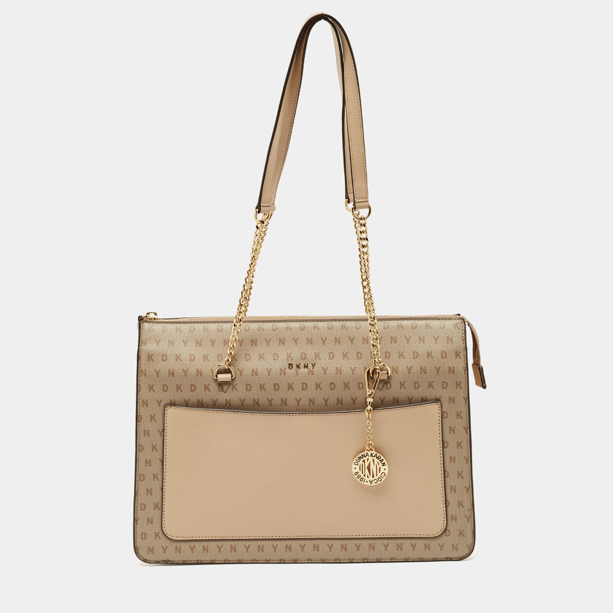 Pre Owned DKNY Beige Monogram Coated and Leather Large Bryant Chain Zip Tote